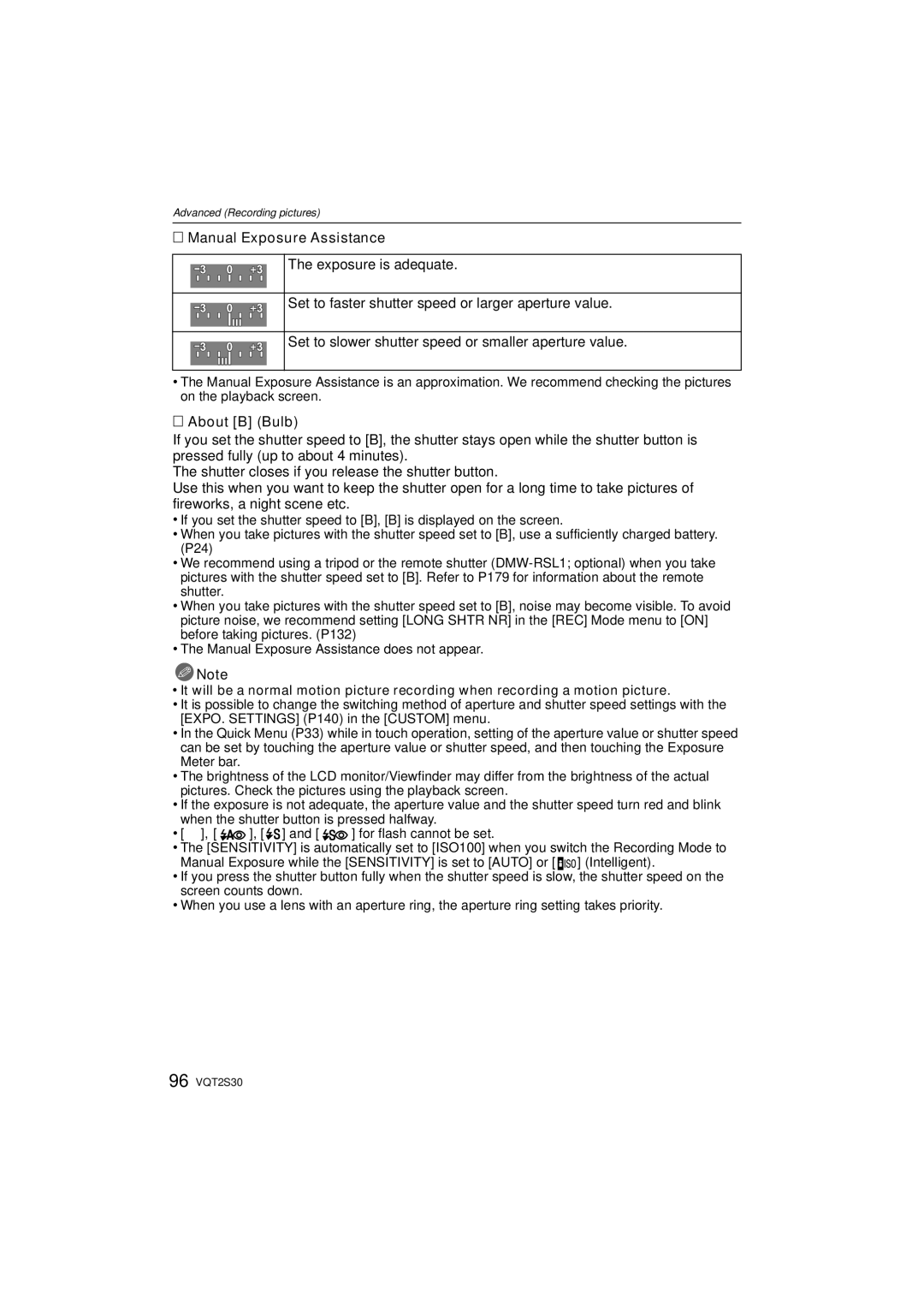 Panasonic DMC-G2K operating instructions Manual Exposure Assistance, About B Bulb 