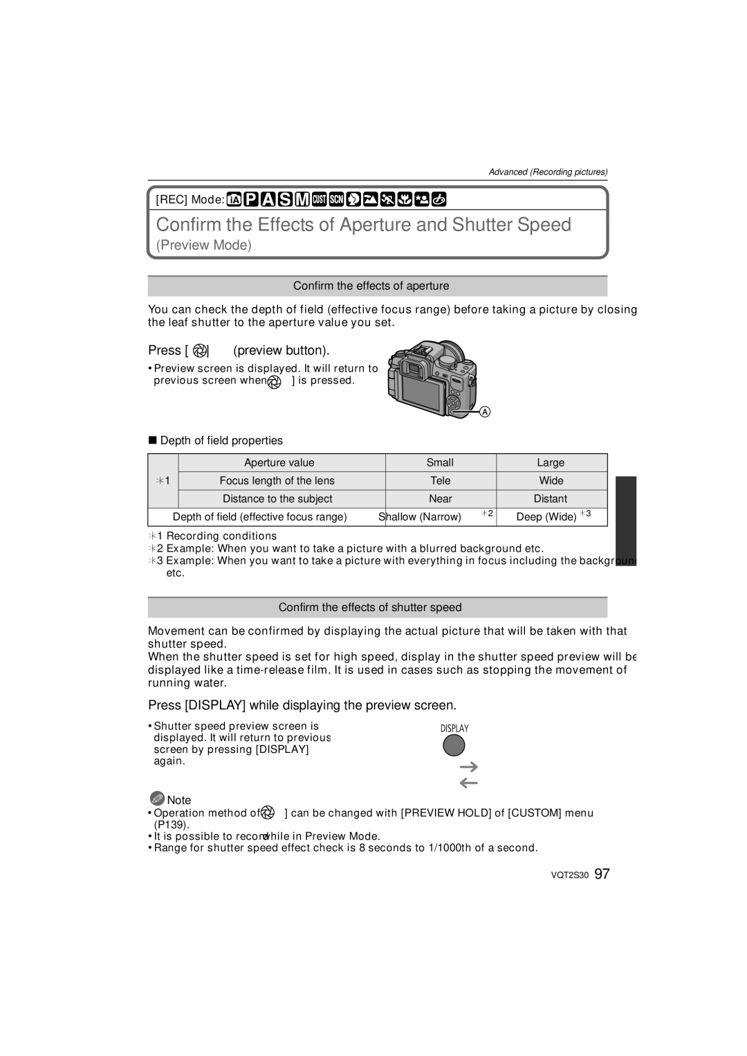 Panasonic DMC-G2K operating instructions Confirm the Effects of Aperture and Shutter Speed, Press a preview button 