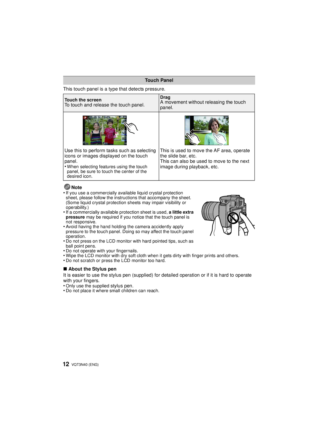 Panasonic DMC-G3K, DMC-G3W, DMCG3KK owner manual Touch Panel, About the Stylus pen 