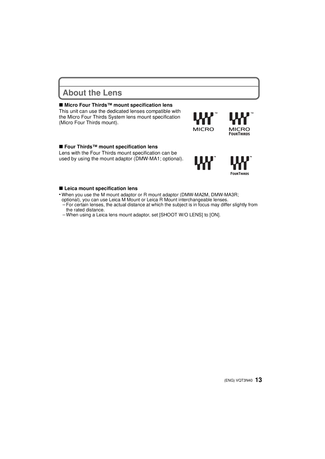 Panasonic DMC-G3K, DMC-G3W, DMCG3KK owner manual About the Lens, Leica mount specification lens 