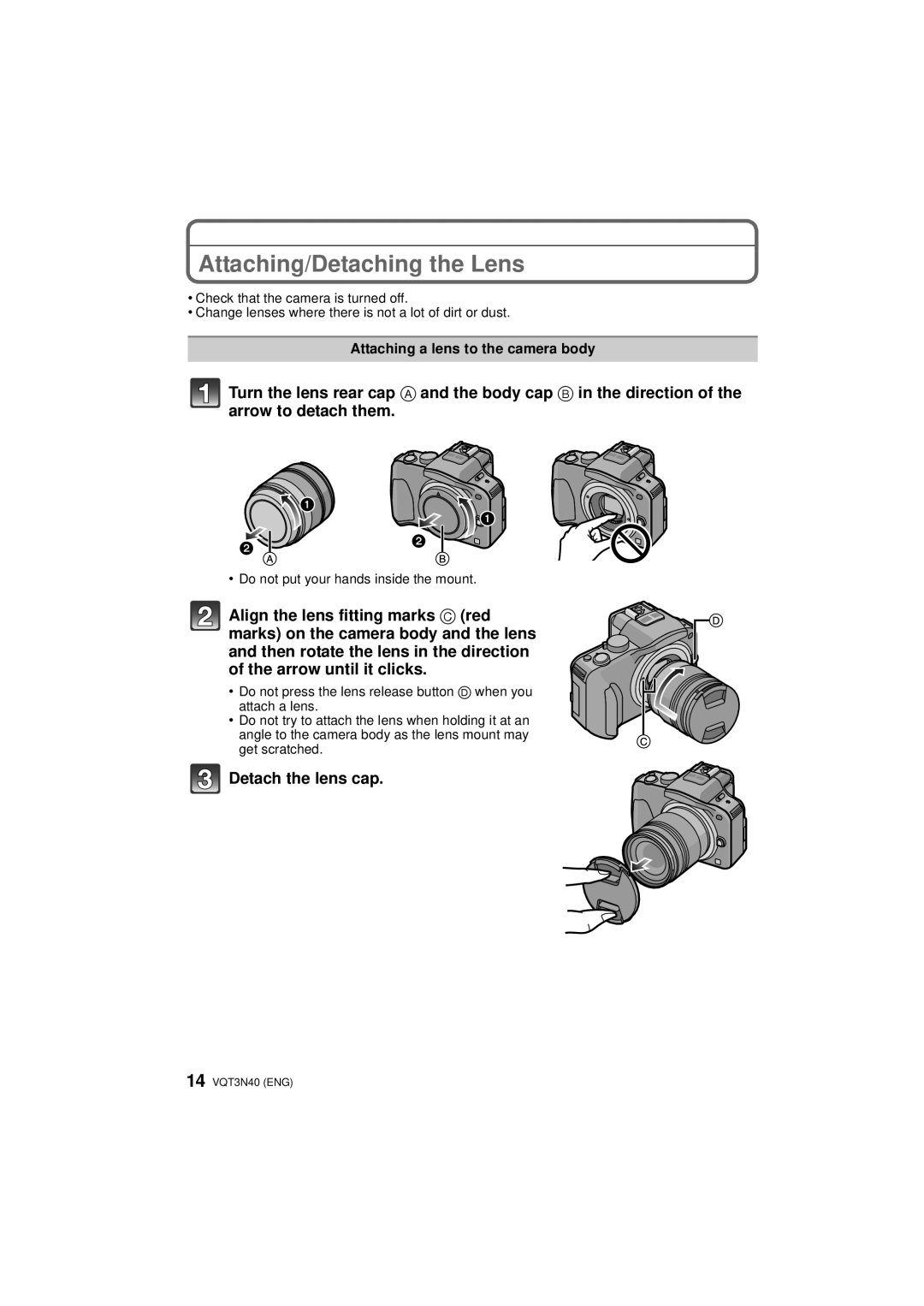 Panasonic DMC-G3W, DMC-G3K, DMCG3KK owner manual Attaching/Detaching the Lens, Attaching a lens to the camera body 