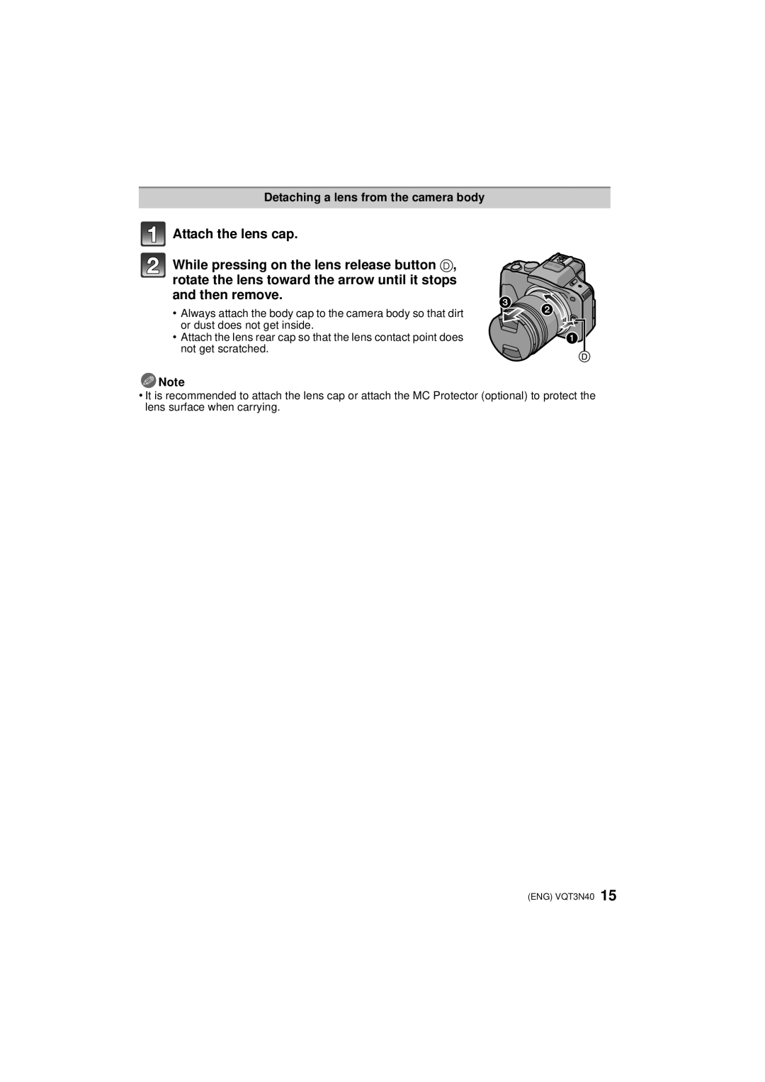 Panasonic DMCG3KK, DMC-G3K, DMC-G3W owner manual Detaching a lens from the camera body 