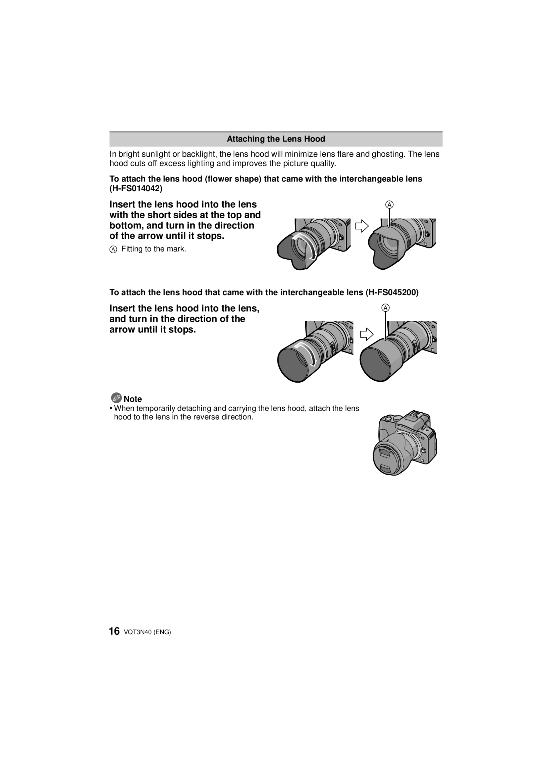 Panasonic DMC-G3K, DMC-G3W, DMCG3KK owner manual Attaching the Lens Hood 