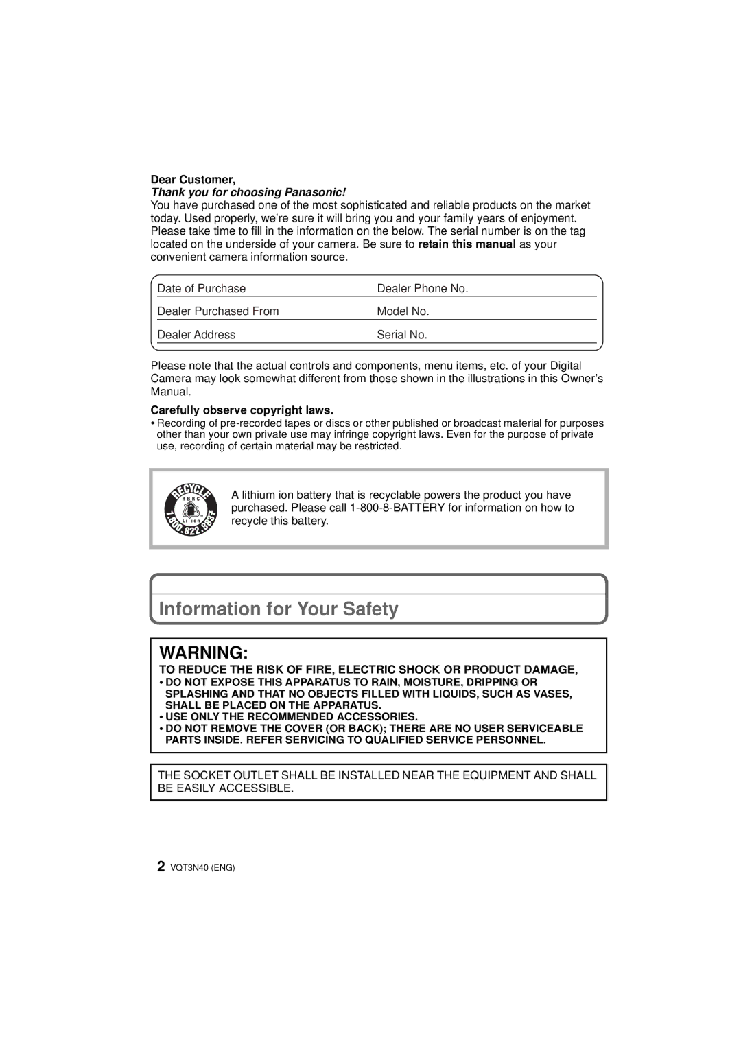 Panasonic DMC-G3W, DMC-G3K, DMCG3KK owner manual Information for Your Safety, Dear Customer, Carefully observe copyright laws 