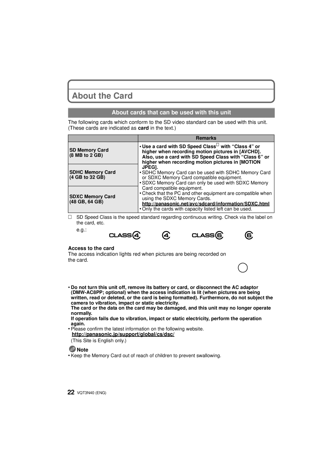 Panasonic DMC-G3W, DMC-G3K, DMCG3KK About the Card, About cards that can be used with this unit, Access to the card 