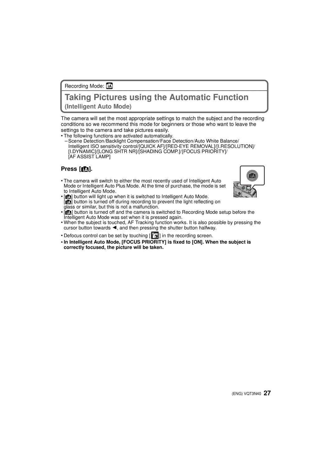 Panasonic DMCG3KK, DMC-G3K, DMC-G3W owner manual Taking Pictures using the Automatic Function, Recording Mode ñ 