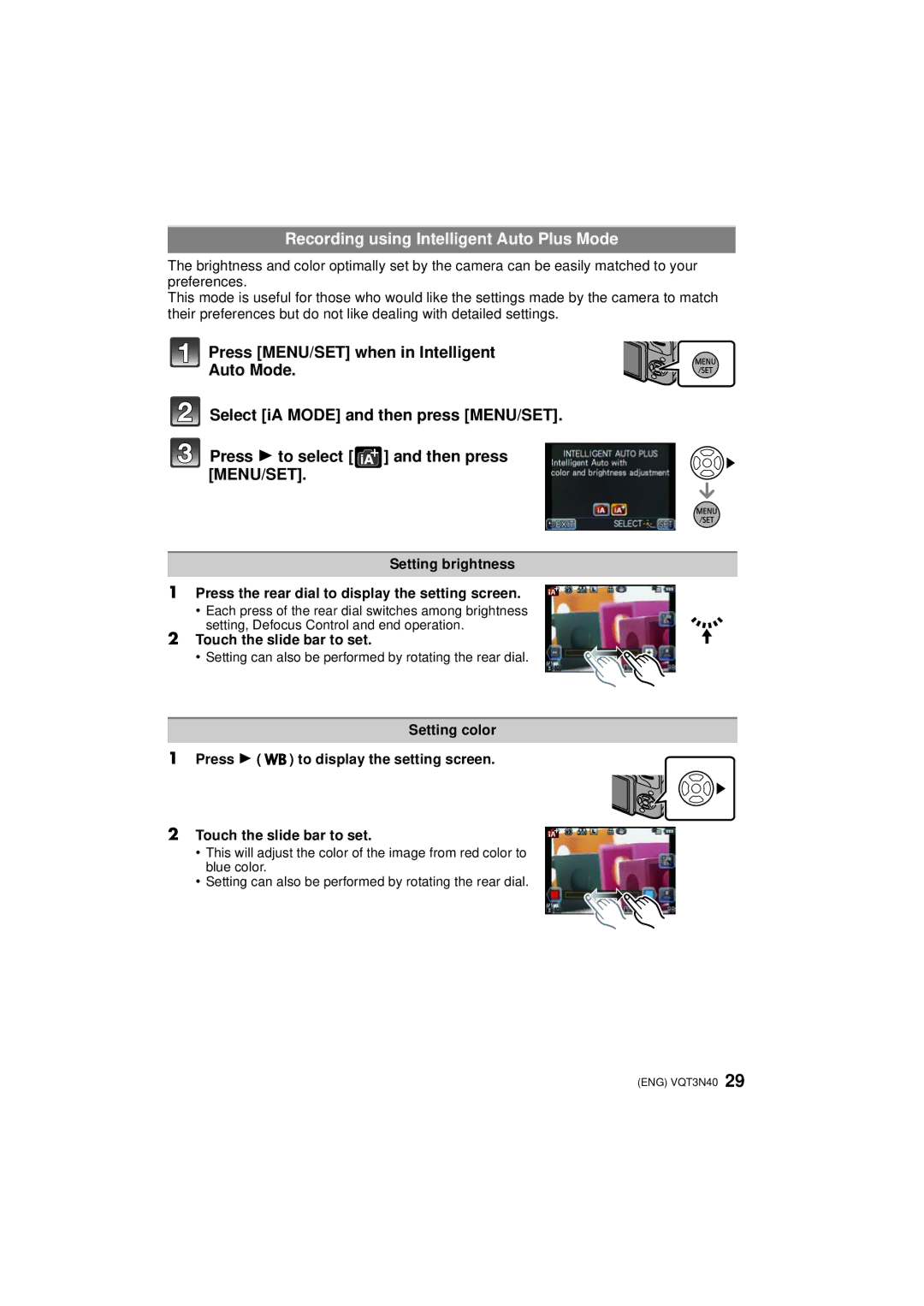 Panasonic DMC-G3K, DMC-G3W, DMCG3KK owner manual Recording using Intelligent Auto Plus Mode, Touch the slide bar to set 