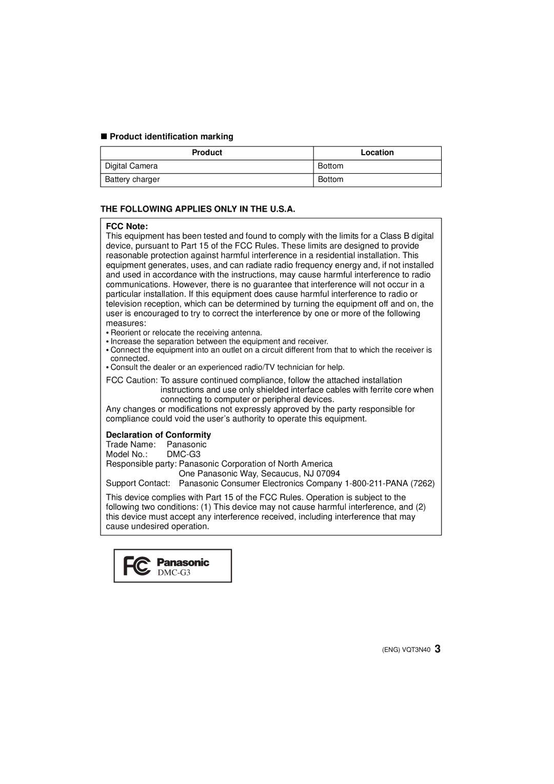 Panasonic DMCG3KK, DMC-G3K Product identification marking, FCC Note, Declaration of Conformity, Product Location 