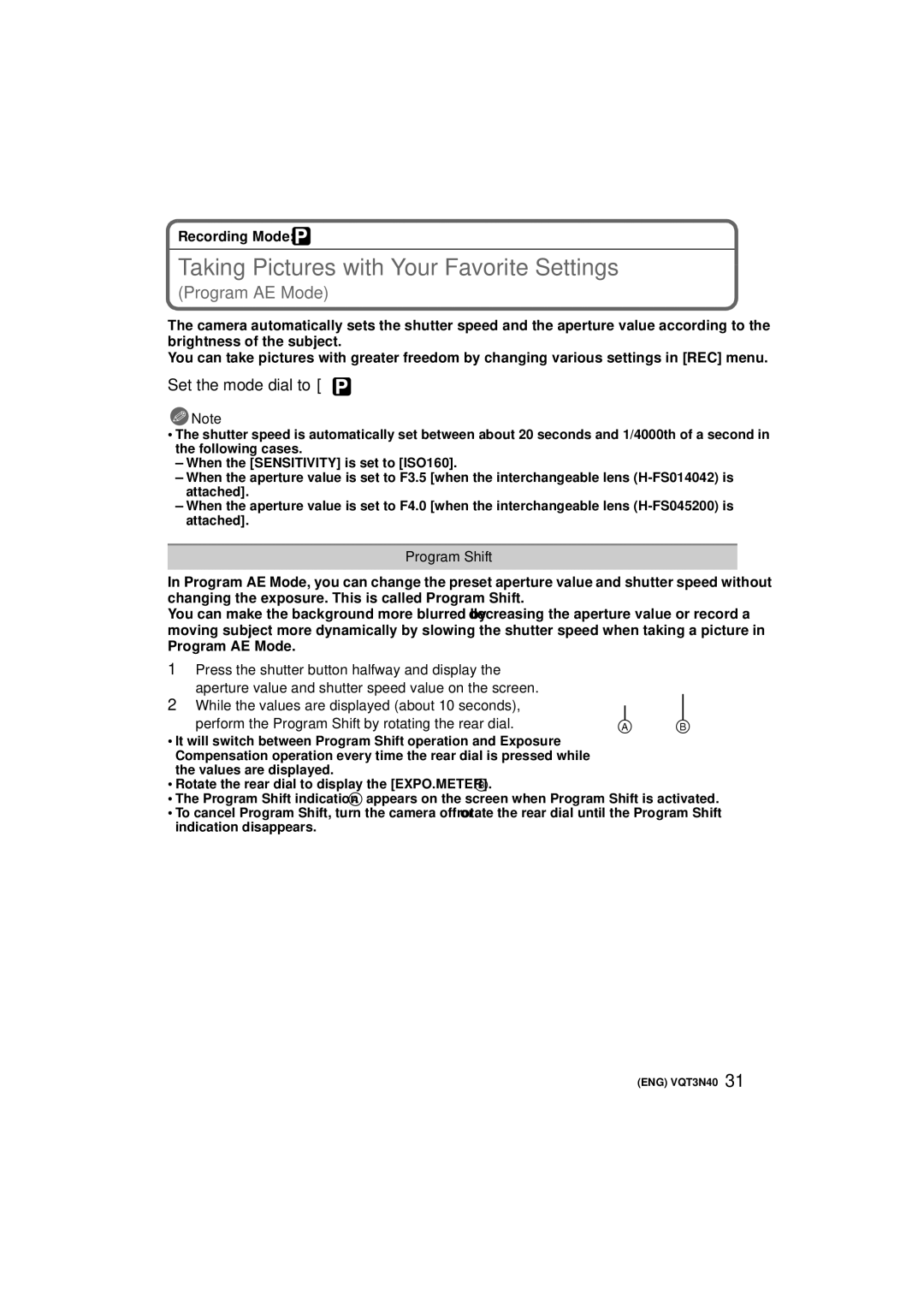 Panasonic DMCG3KK, DMC-G3K, DMC-G3W owner manual Taking Pictures with Your Favorite Settings, Program Shift 