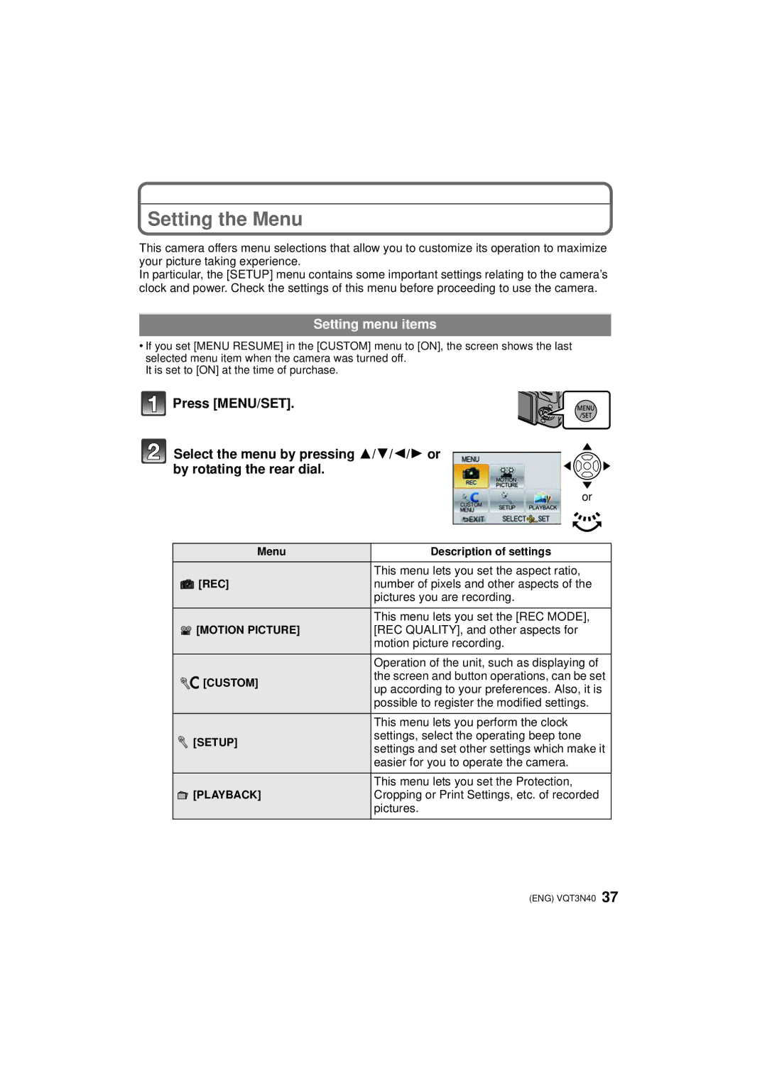 Panasonic DMC-G3K, DMC-G3W, DMCG3KK owner manual Setting the Menu, Setting menu items 