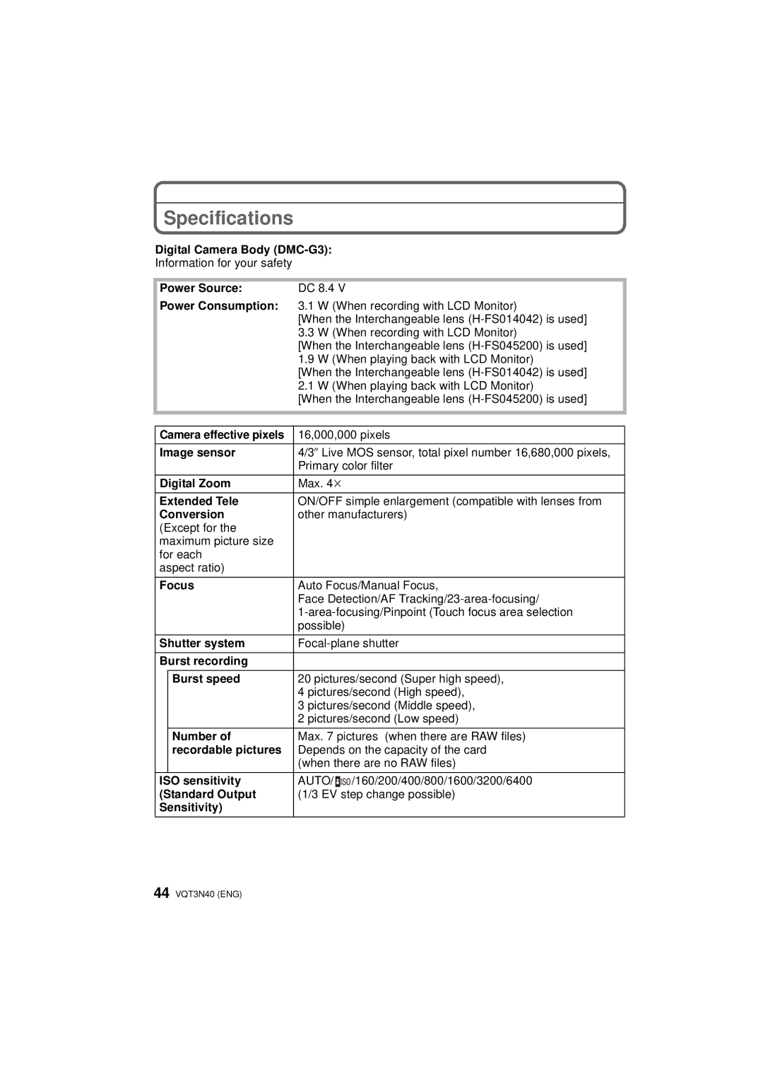 Panasonic DMC-G3K, DMC-G3W, DMCG3KK owner manual Specifications 