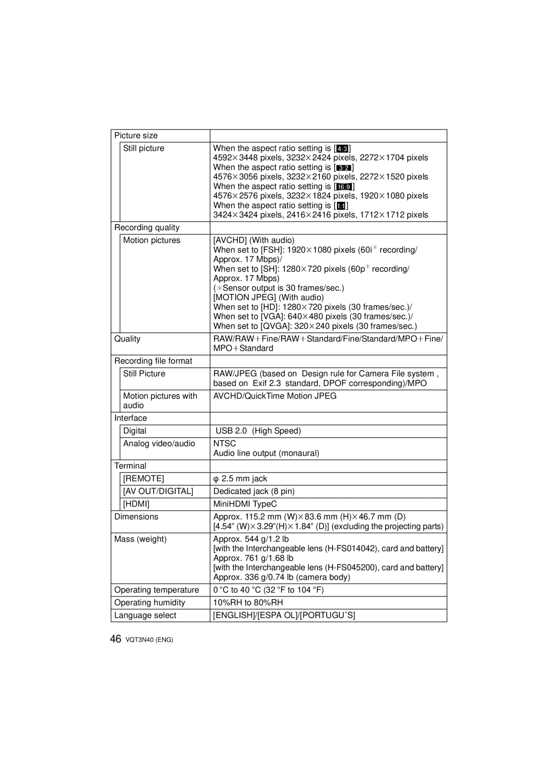 Panasonic DMC-G3W, DMC-G3K Picture size Still picture, Recording quality Motion pictures, Quality, Audio Interface Digital 