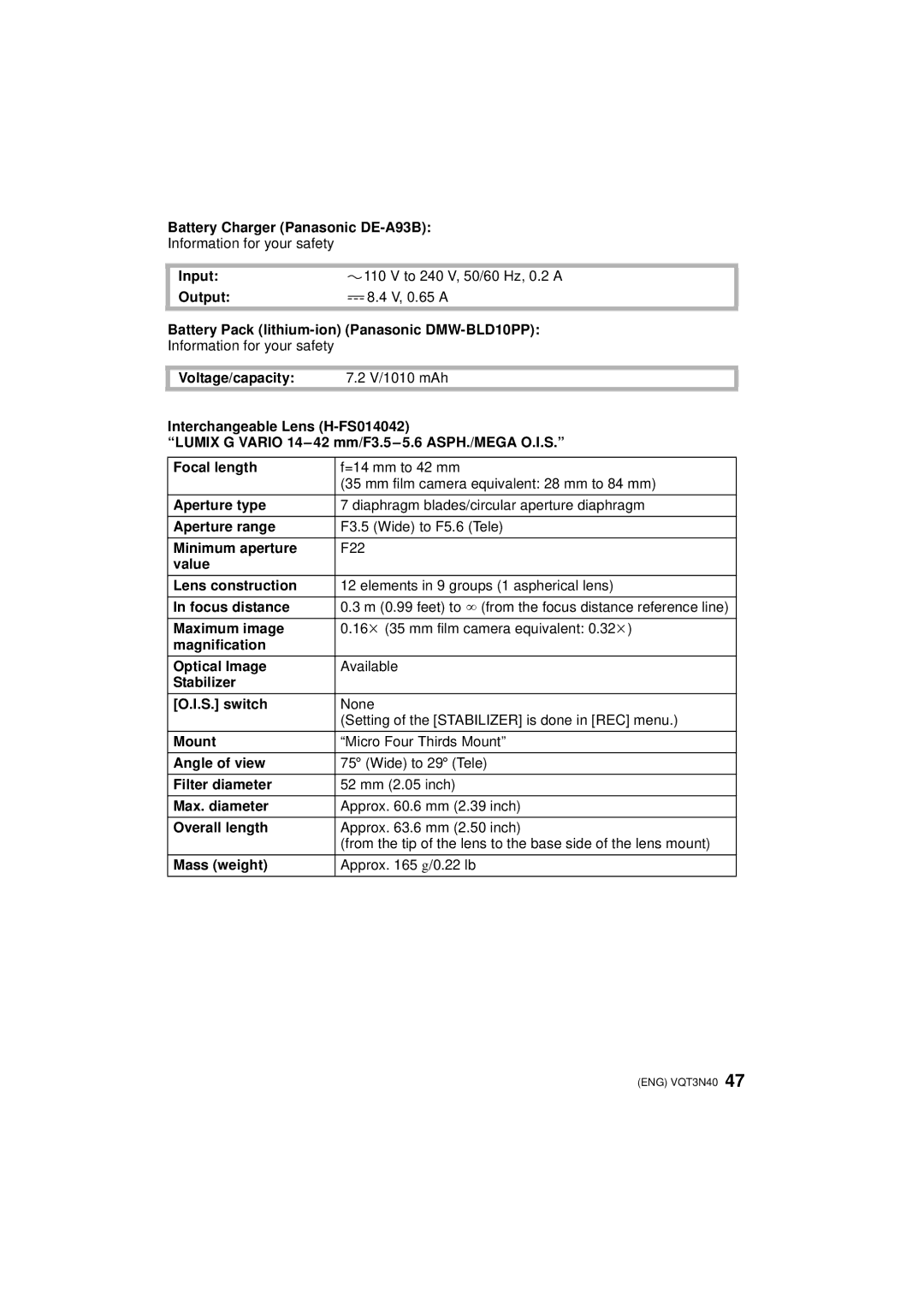 Panasonic DMCG3KK, DMC-G3K, DMC-G3W owner manual Battery Charger Panasonic DE-A93B, Input To 240 V, 50/60 Hz, 0.2 a Output 