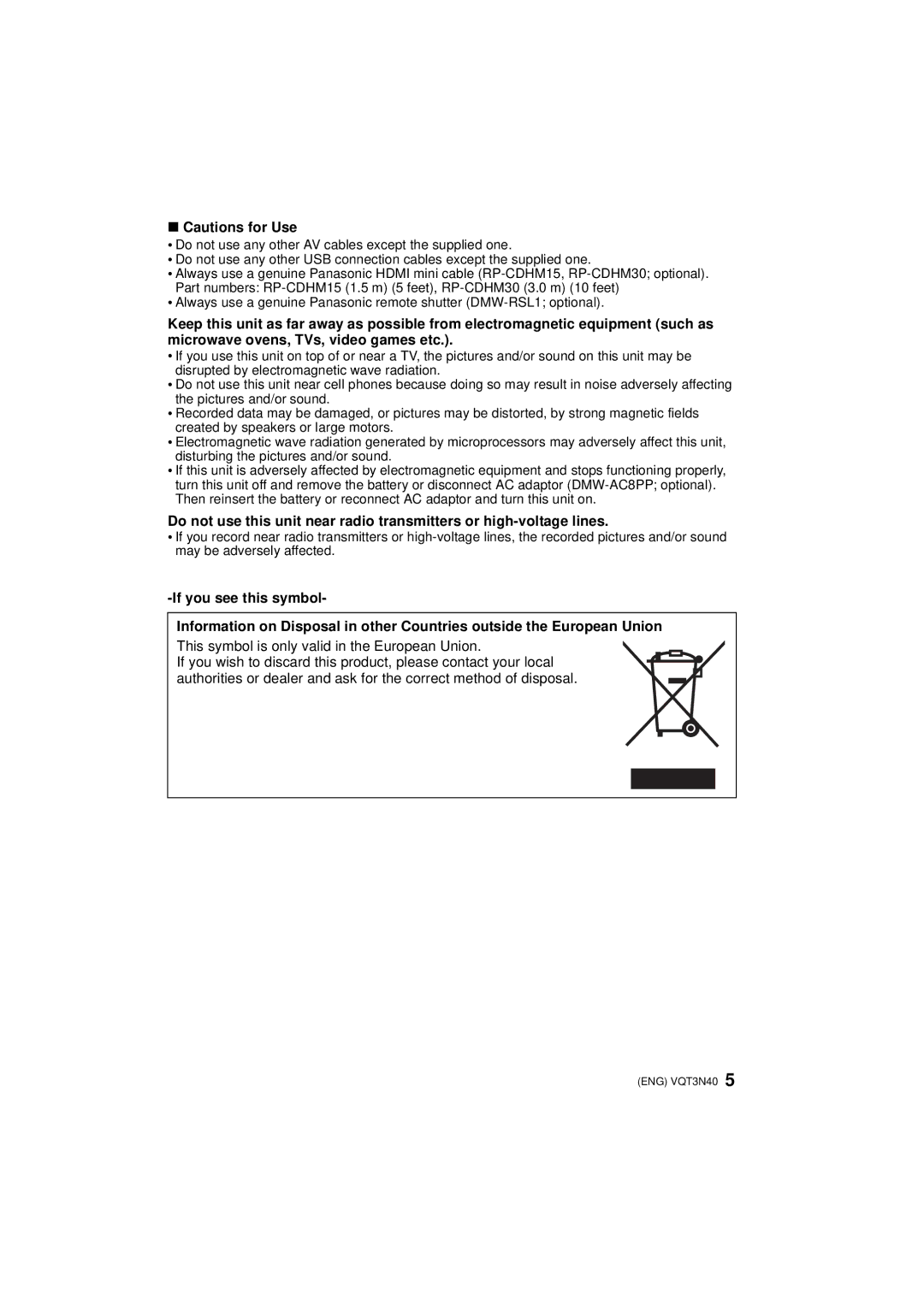 Panasonic DMC-G3K, DMC-G3W, DMCG3KK owner manual This symbol is only valid in the European Union 