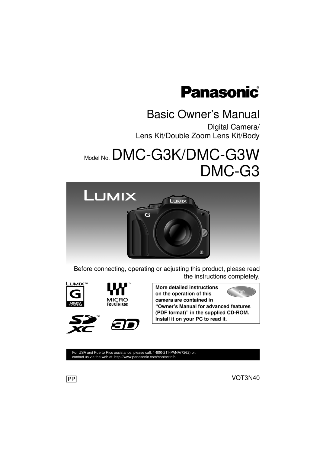 Panasonic owner manual VQT3N40, More detailed instructions, Model No. DMC-G3K/DMC-G3W DMC-G3, Basic Owner’s Manual 