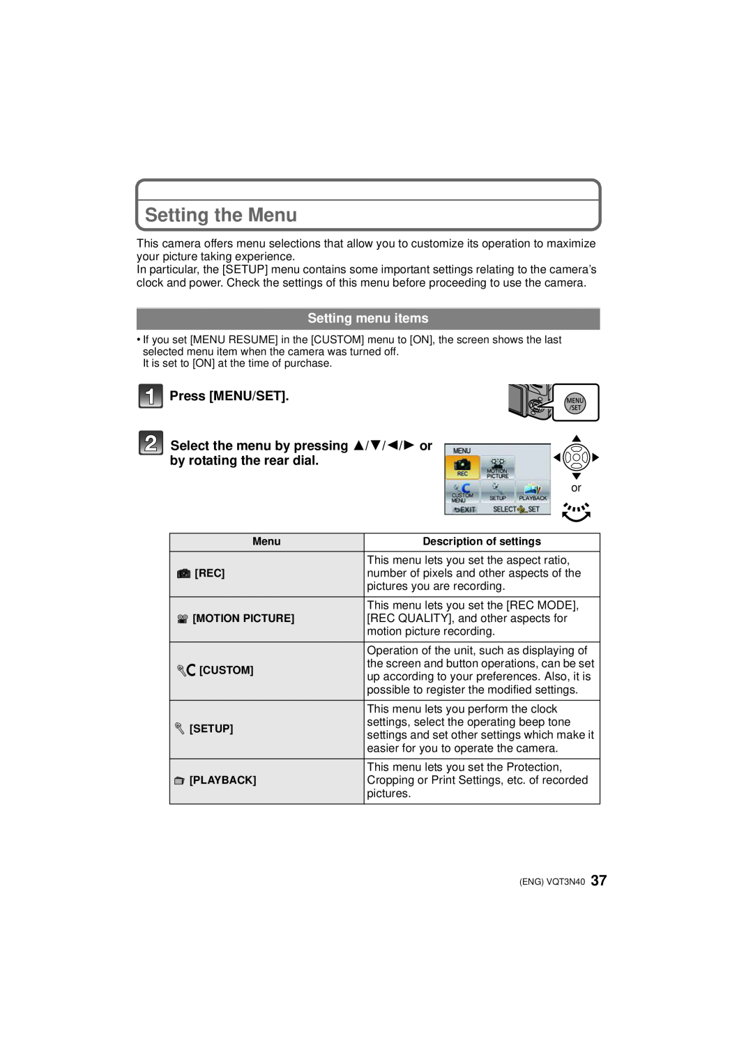 Panasonic DMC-G3K, DMC-G3W, DMCG3KK owner manual Setting the Menu, Setting menu items, Press MENU/SET 