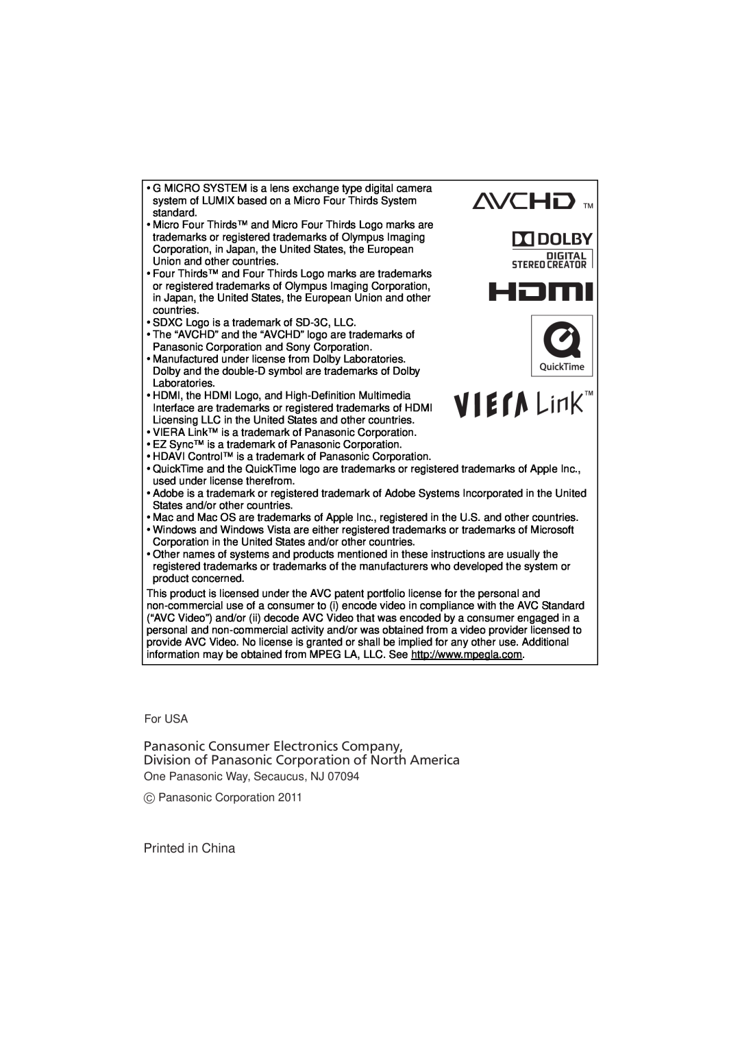 Panasonic DMC-G3K, DMC-G3W, DMCG3KK owner manual Printed in China, For USA Panasonic Consumer Electronics Company 