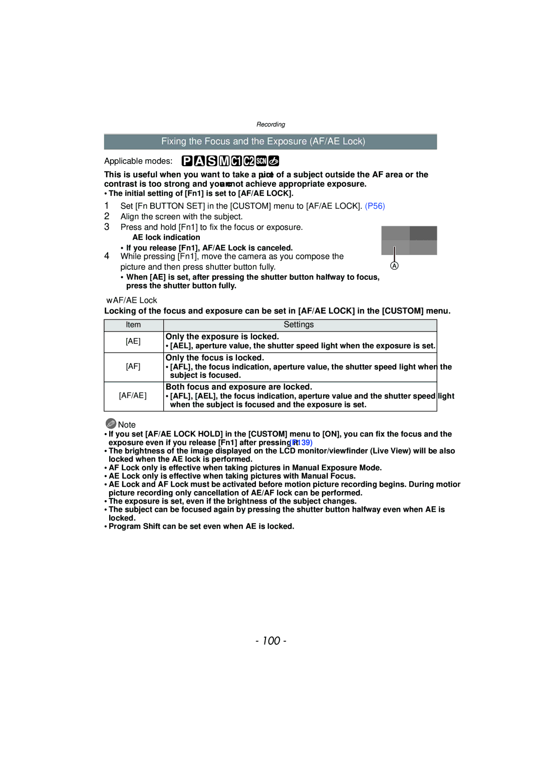 Panasonic DMC-G3 owner manual 100, Fixing the Focus and the Exposure AF/AE Lock 