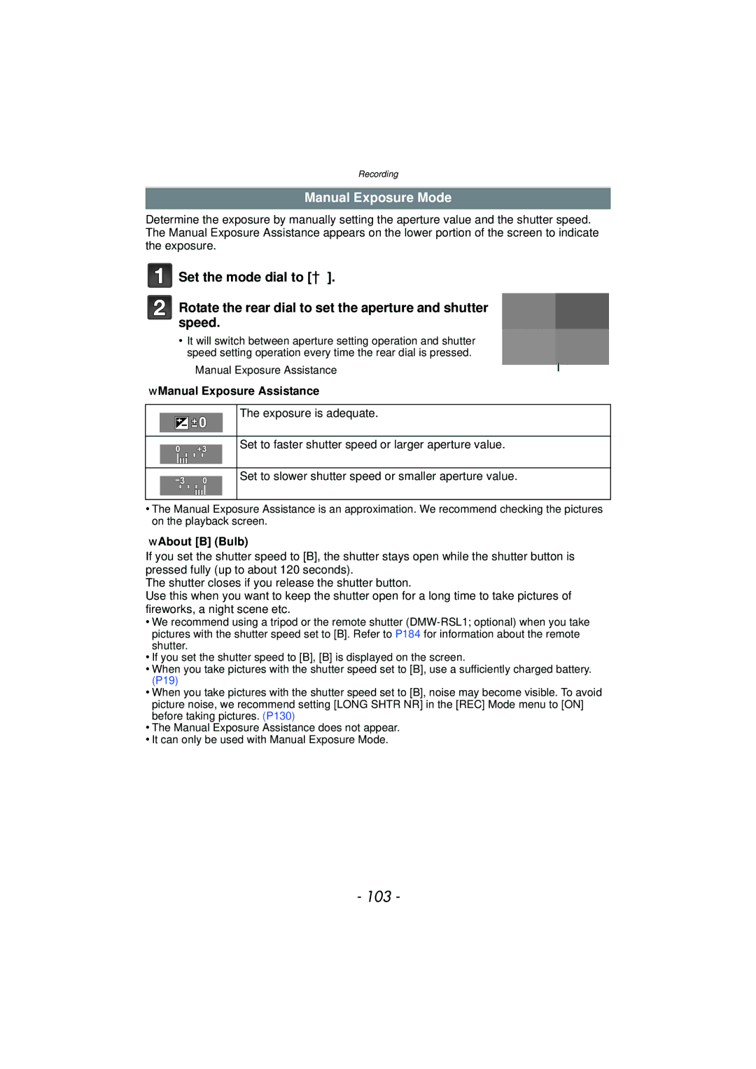 Panasonic DMC-G3 owner manual 103, Manual Exposure Mode, Manual Exposure Assistance, About B Bulb 