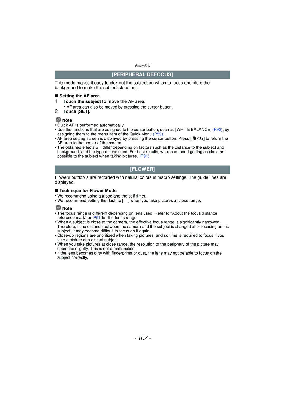 Panasonic DMC-G3 owner manual 107, Peripheral Defocus, Flower, Setting the AF area Touch the subject to move the AF area 