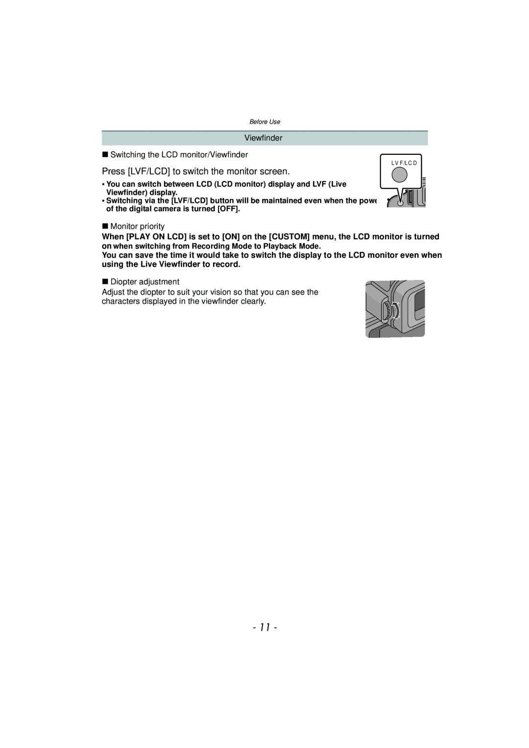 Panasonic DMC-G3 owner manual Press LVF/LCD to switch the monitor screen, Viewfinder Switching the LCD monitor/Viewfinder 