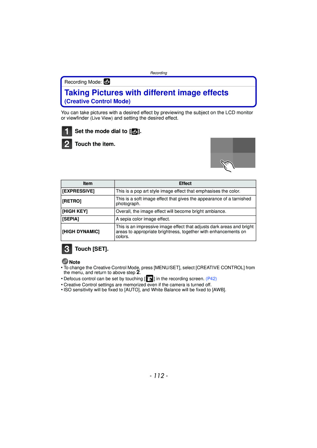 Panasonic DMC-G3 owner manual Taking Pictures with different image effects, 112, Set the mode dial to Touch the item 