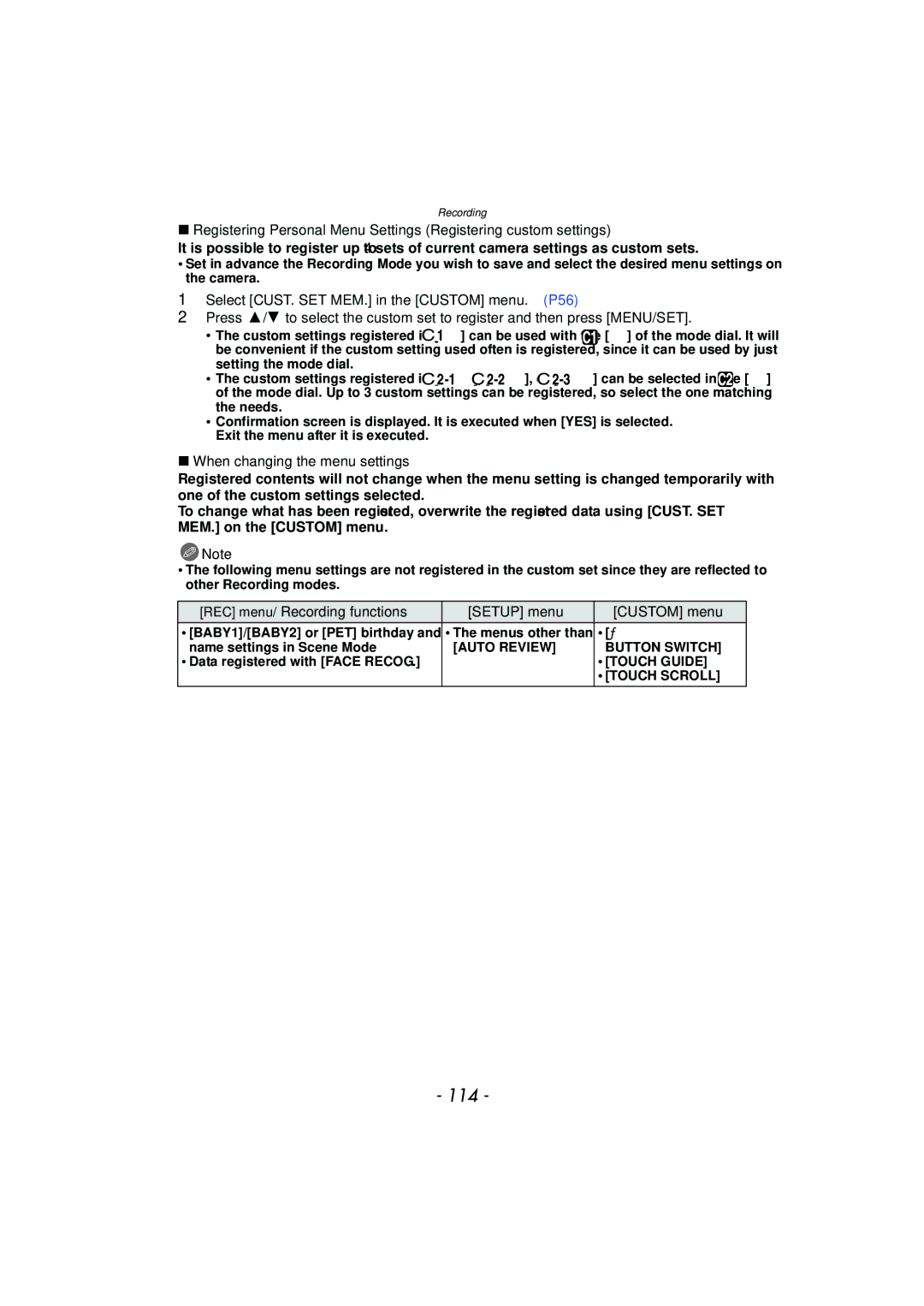 Panasonic DMC-G3 owner manual 114, When changing the menu settings, REC menu/Recording functions Setup menu Custom menu 