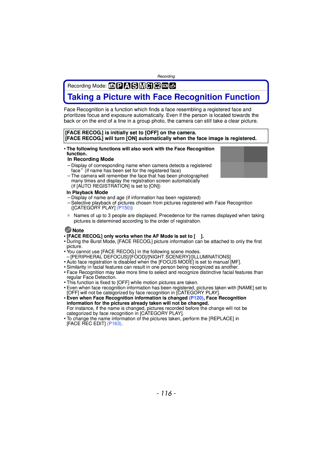 Panasonic DMC-G3 owner manual Taking a Picture with Face Recognition Function, 116, Recording Mode, Playback Mode 