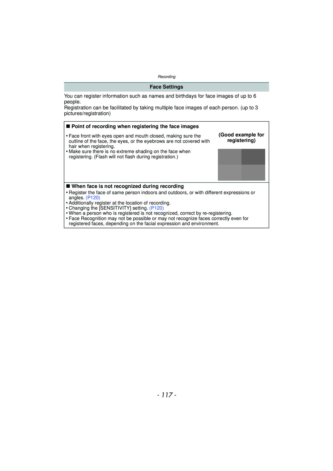 Panasonic DMC-G3 owner manual 117, Face Settings, Point of recording when registering the face images 