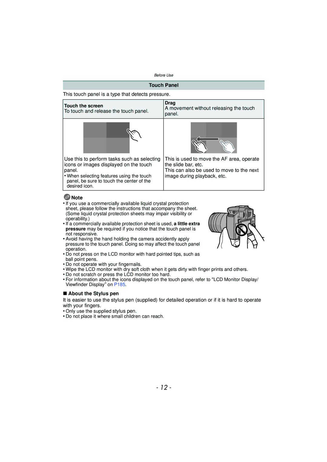 Panasonic DMC-G3 owner manual Touch Panel, About the Stylus pen 