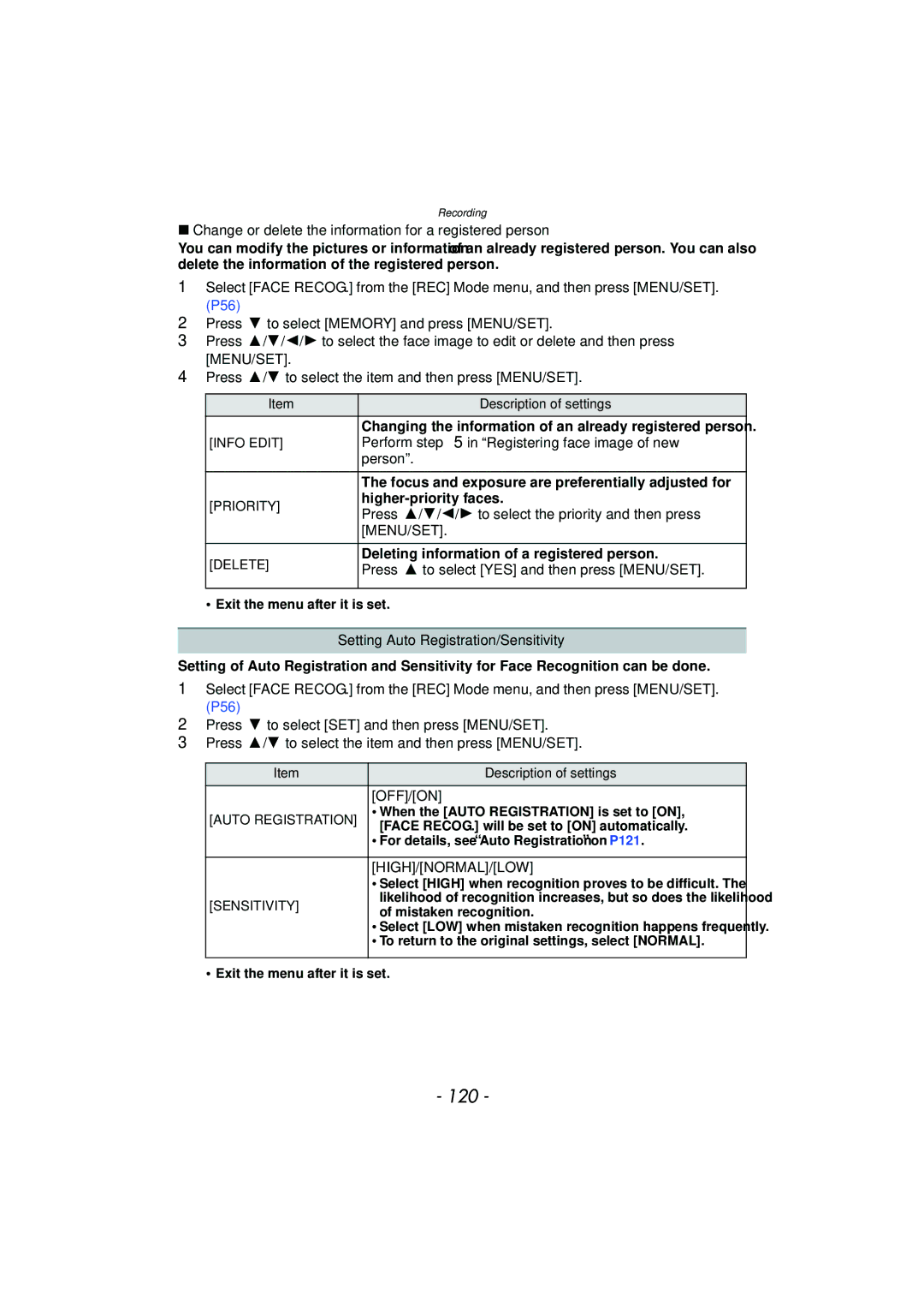 Panasonic DMC-G3 owner manual 120, High/Normal/Low 