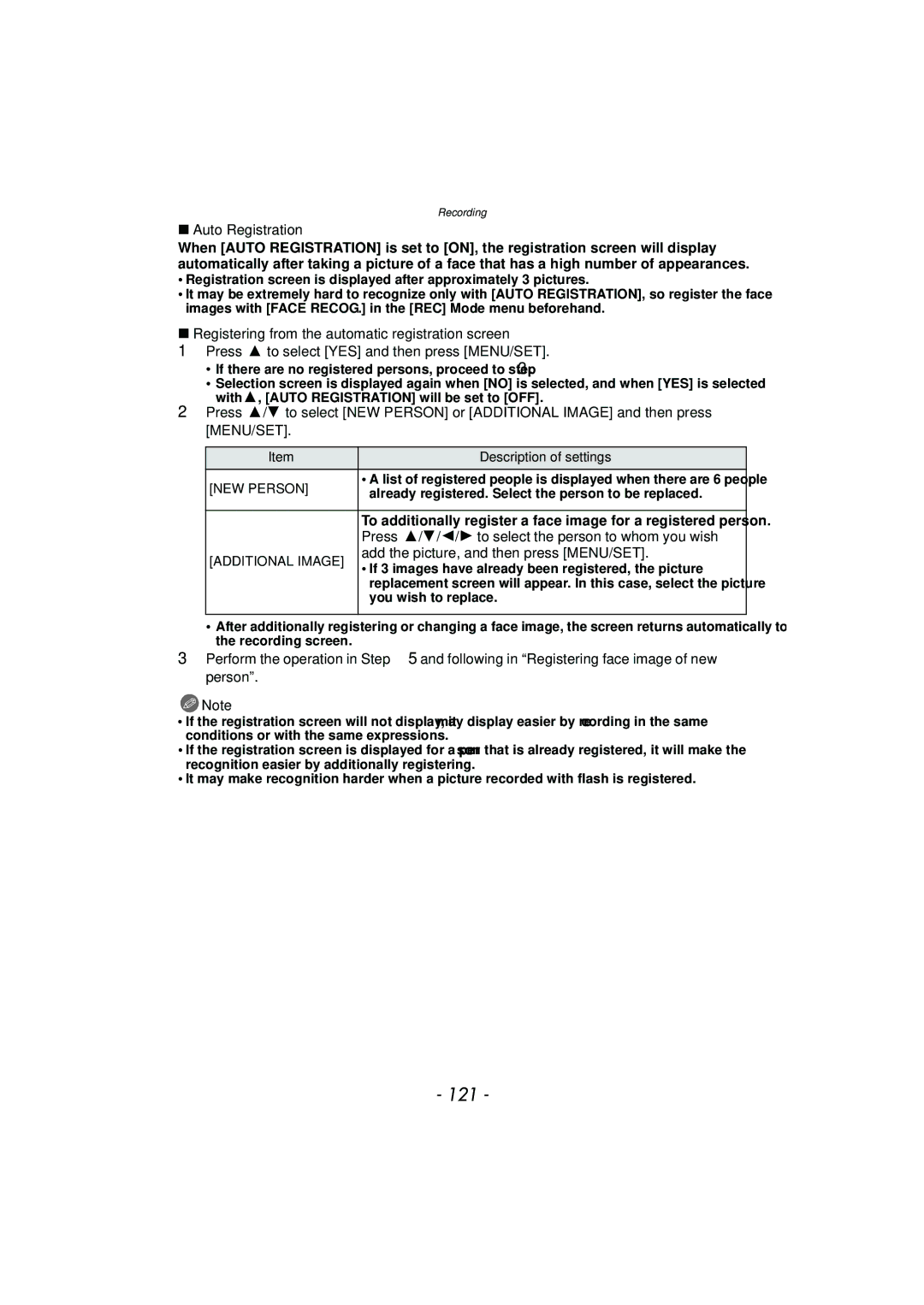 Panasonic DMC-G3 121, Auto Registration, Add the picture, and then press MENU/SET, NEW Person, Additional Image 