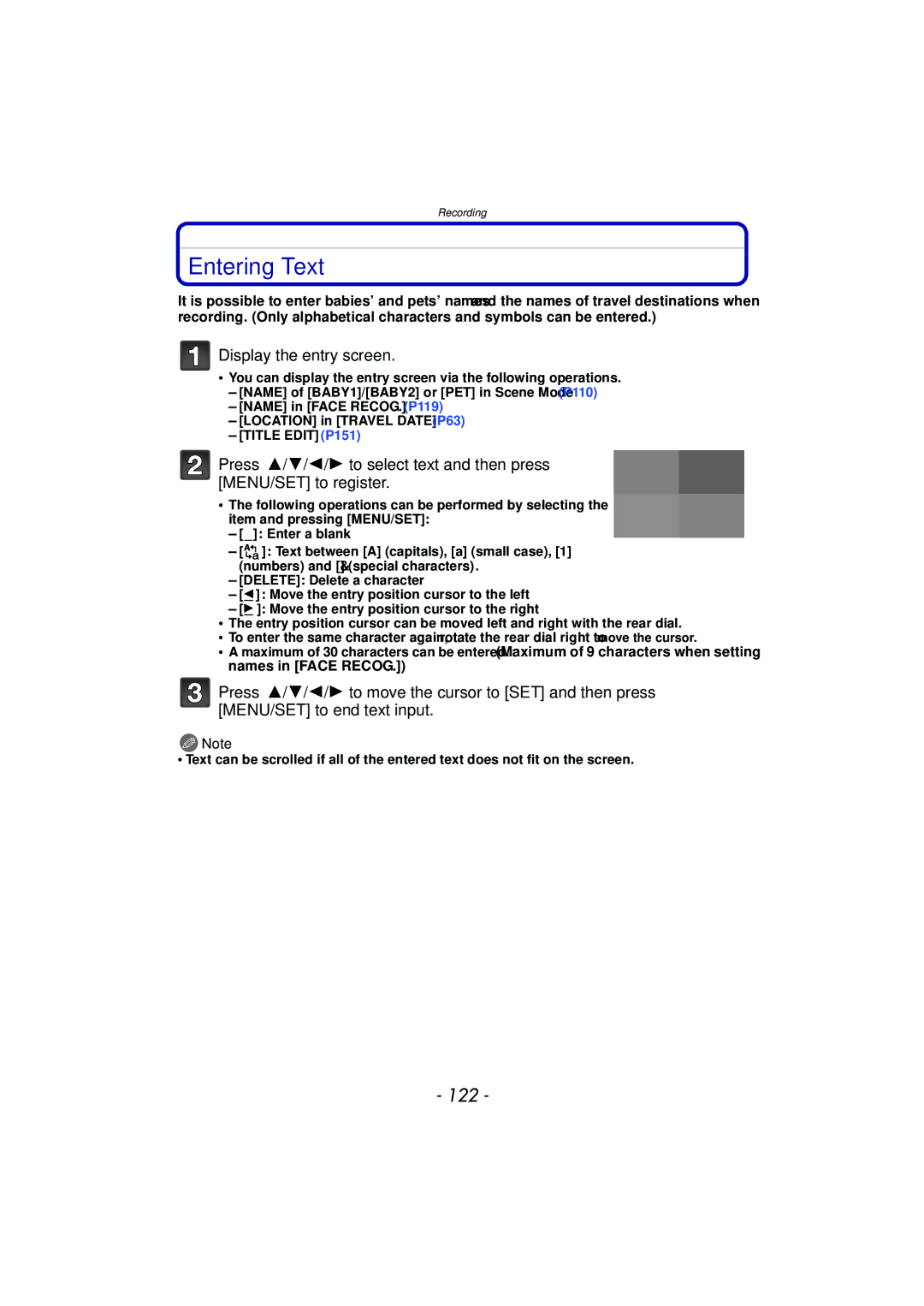 Panasonic DMC-G3 owner manual Entering Text, 122, Display the entry screen 