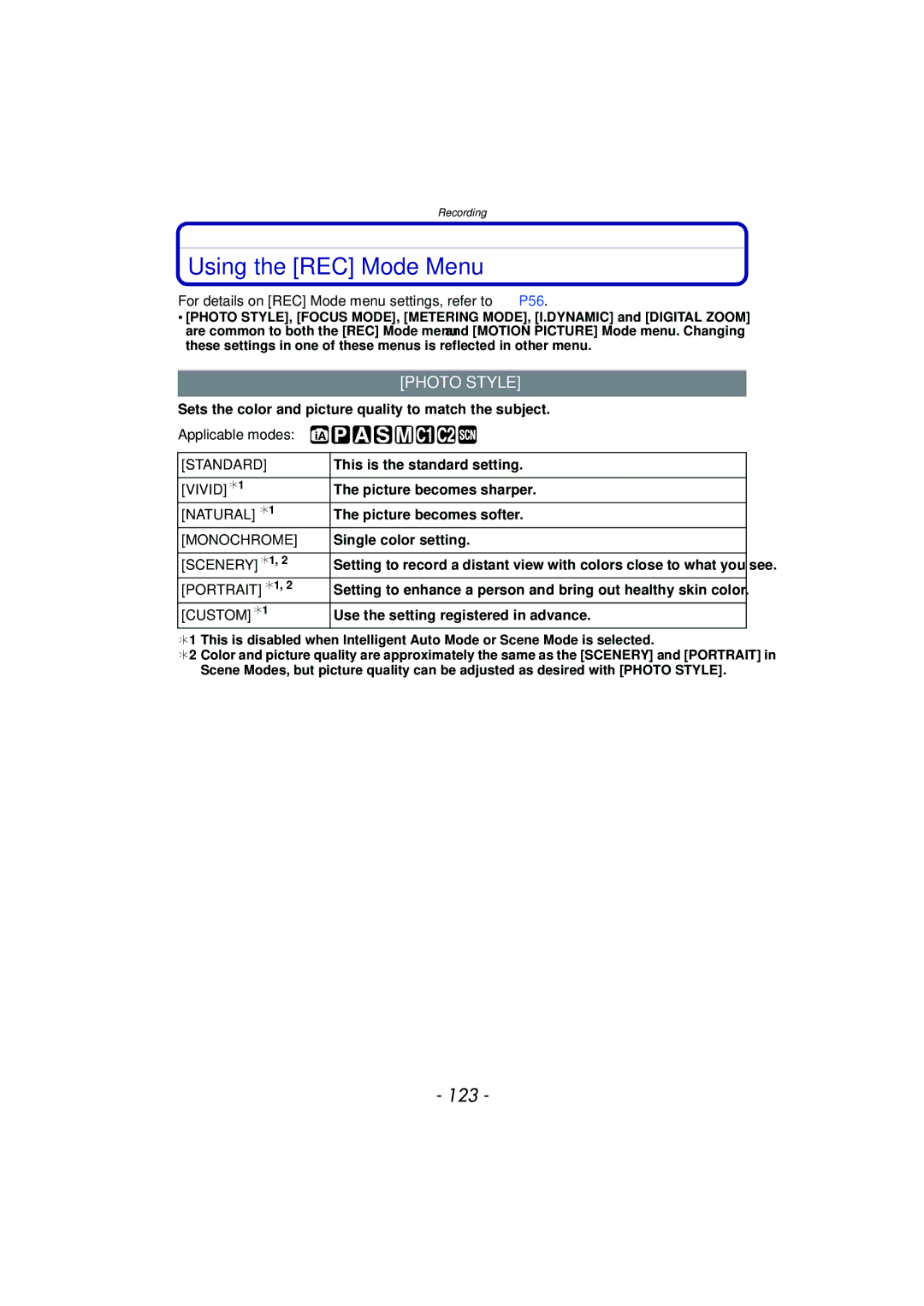 Panasonic DMC-G3 owner manual Using the REC Mode Menu, 123, Photo Style 