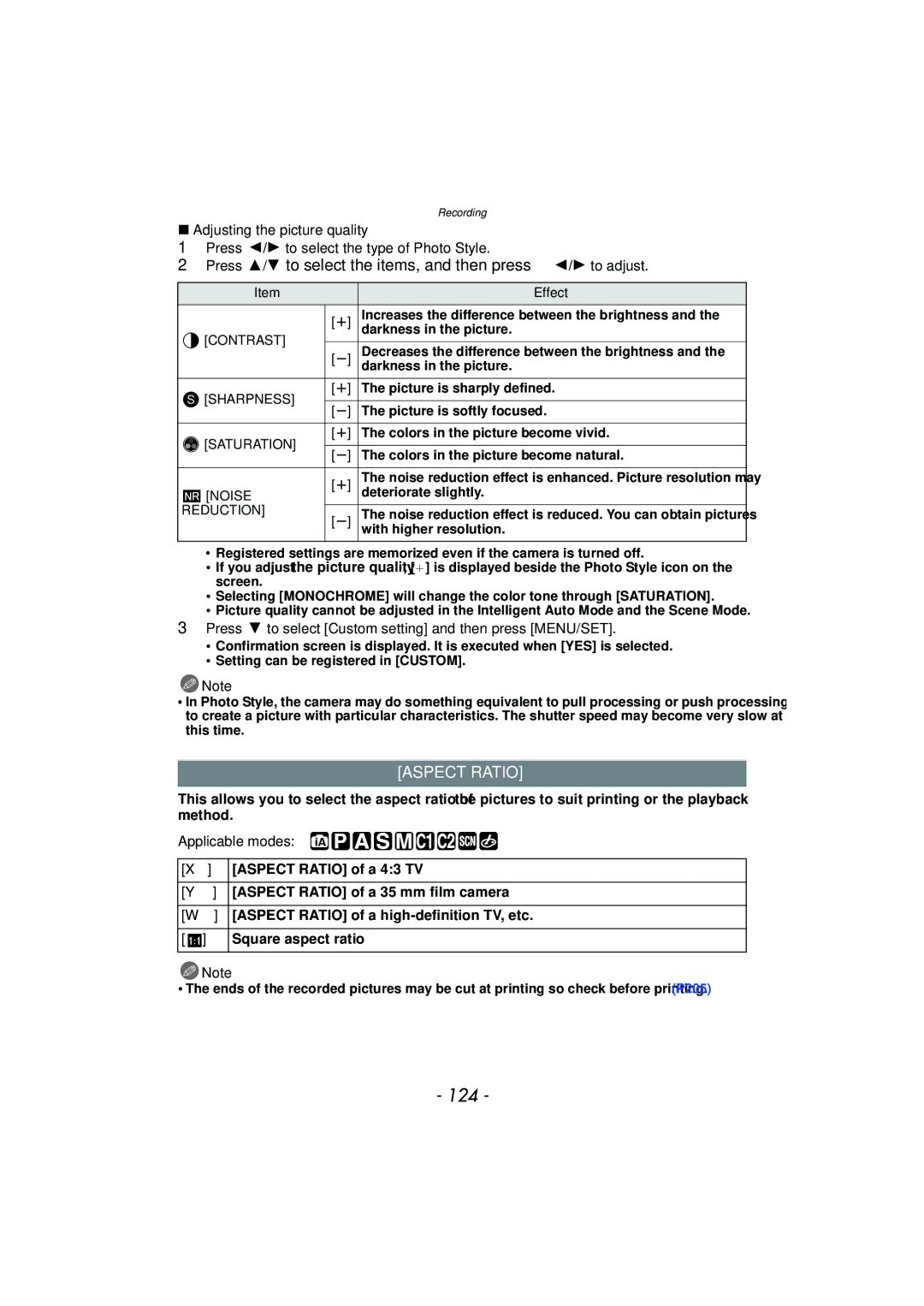 Panasonic DMC-G3 owner manual 124, Press 3/4 to select the items, and then press 2/1 to adjust, Aspect Ratio 