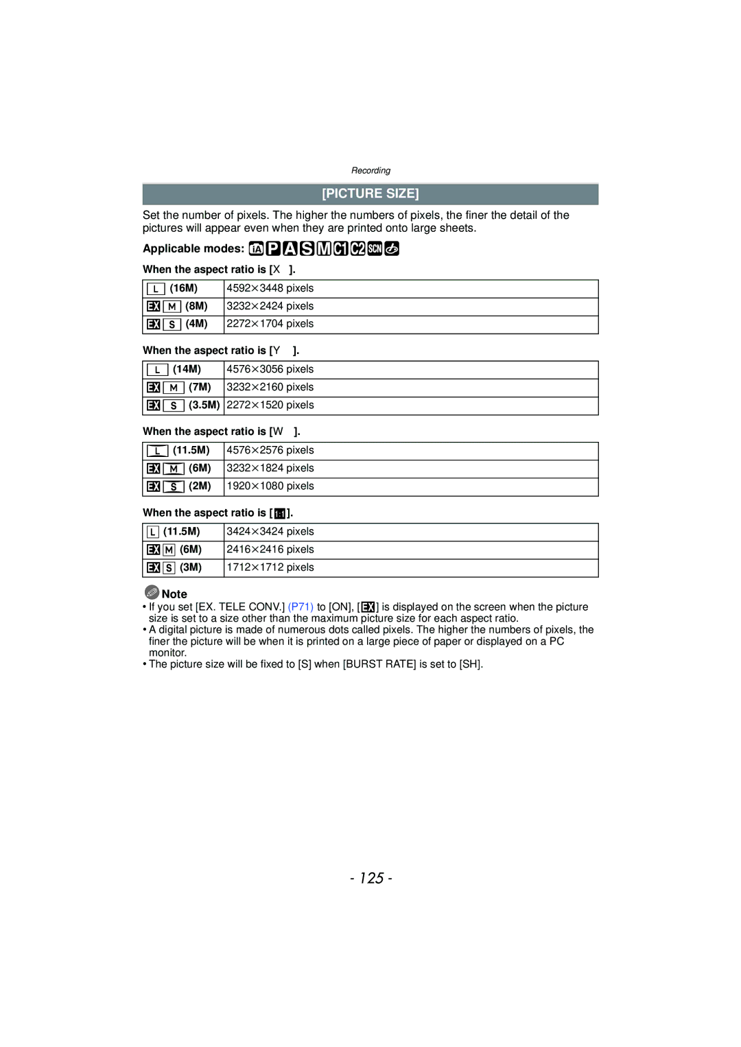 Panasonic DMC-G3 owner manual 125, Picture Size, When the aspect ratio is Y, When the aspect ratio is W 