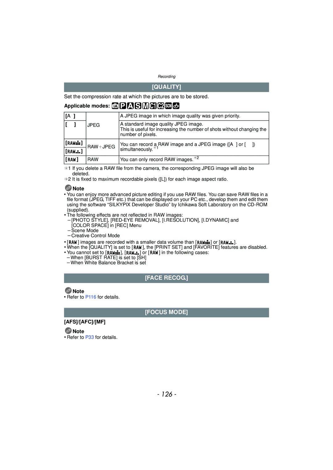 Panasonic DMC-G3 owner manual 126, Quality, Face Recog, Focus Mode, AFS/AFC/MF Note 