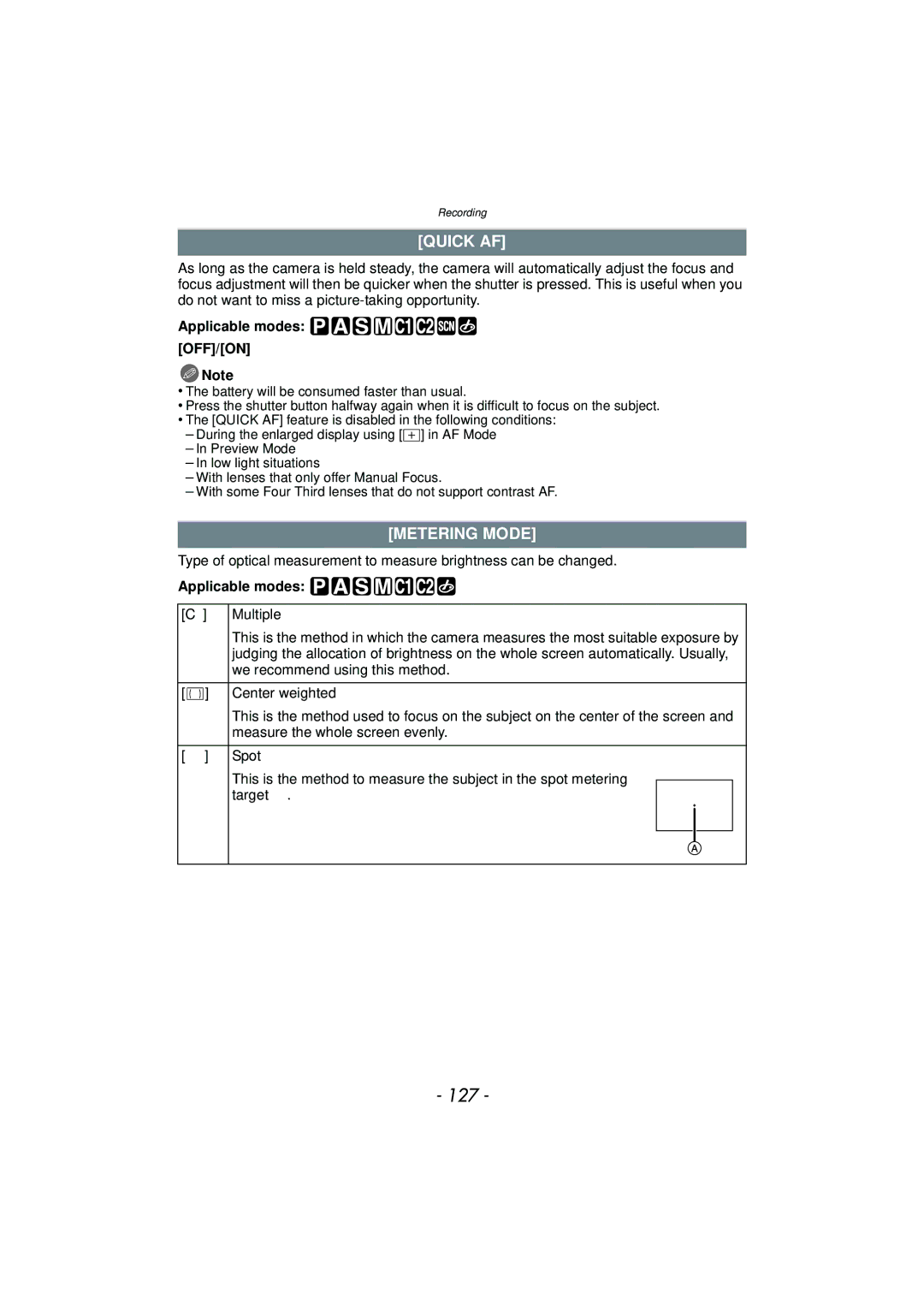 Panasonic DMC-G3 owner manual 127, Quick AF, Metering Mode, Applicable modes OFF/ON 