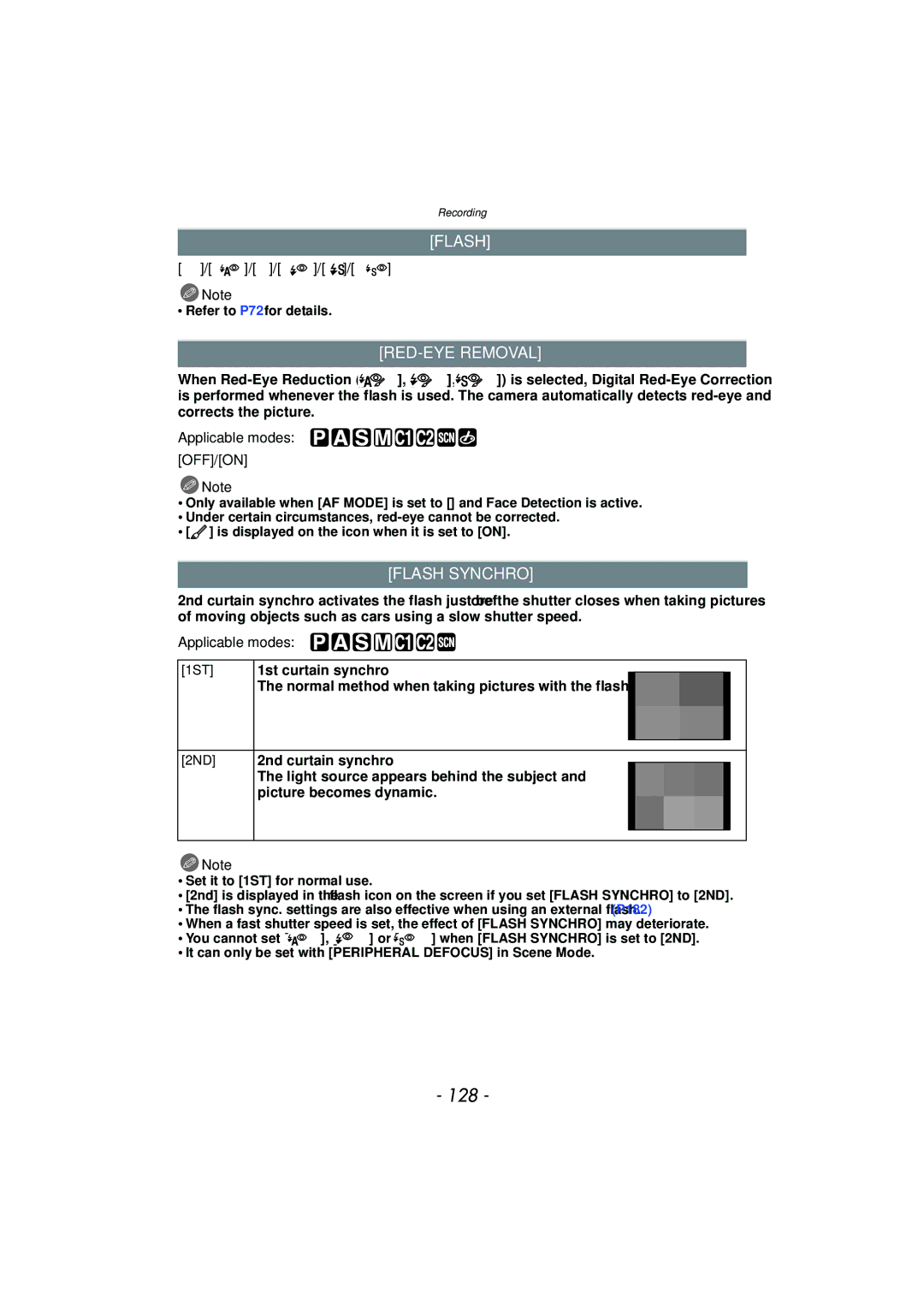 Panasonic DMC-G3 owner manual 128, RED-EYE Removal, Flash Synchro, ‡/ /‰ 