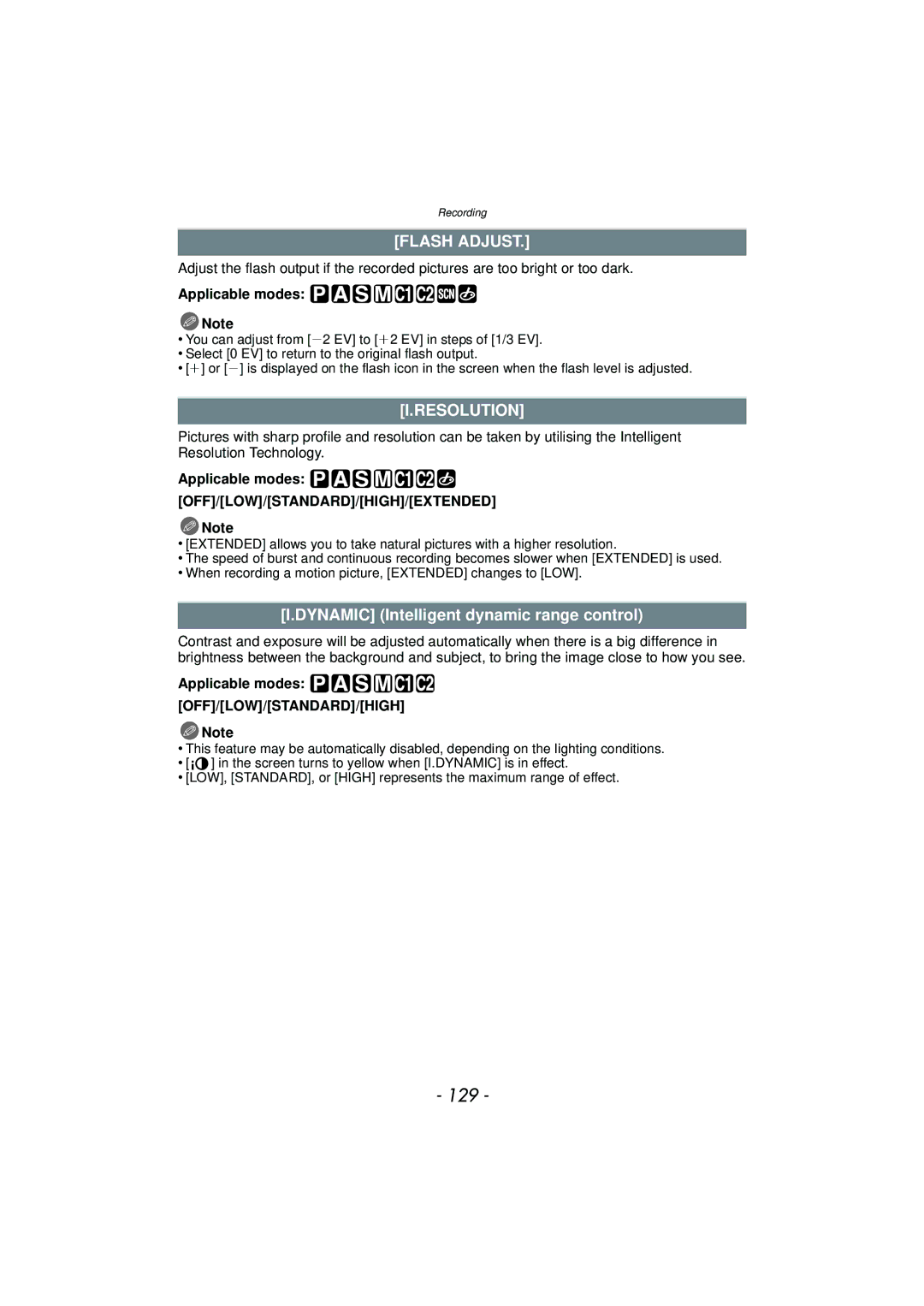 Panasonic DMC-G3 owner manual 129, Flash Adjust, Resolution, Dynamic Intelligent dynamic range control 