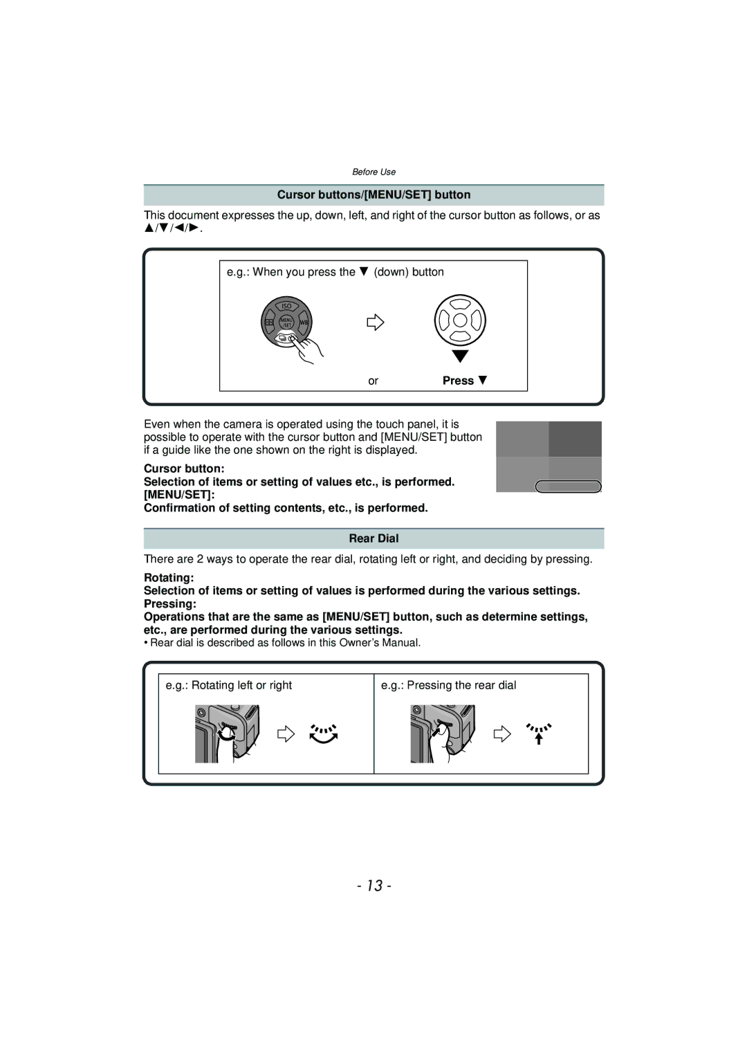 Panasonic DMC-G3 owner manual Cursor buttons/MENU/SET button, Rotating left or right Pressing the rear dial 