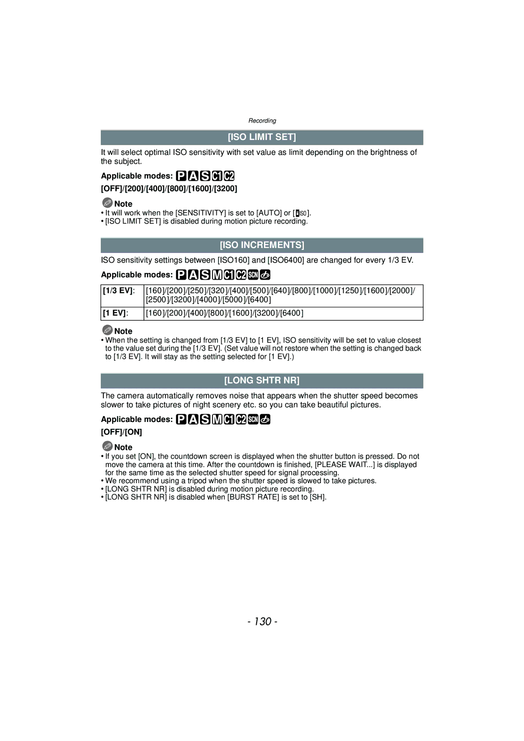 Panasonic DMC-G3 owner manual 130, ISO Limit SET, ISO Increments, Long Shtr NR, Applicable modes OFF/200/400/800/1600/3200 