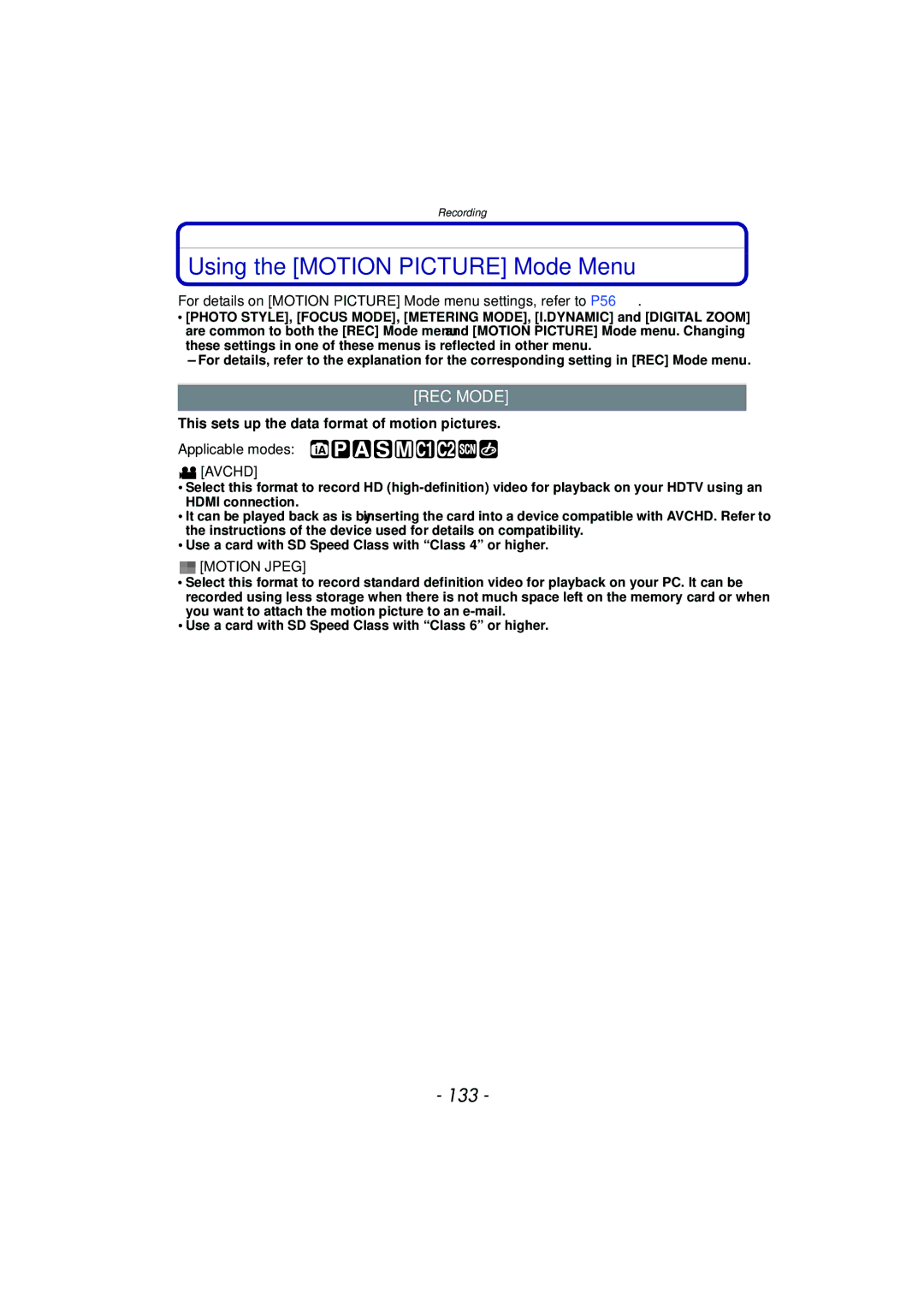 Panasonic DMC-G3 owner manual Using the Motion Picture Mode Menu, 133, REC Mode, Applicable modes Avchd, Motion Jpeg 