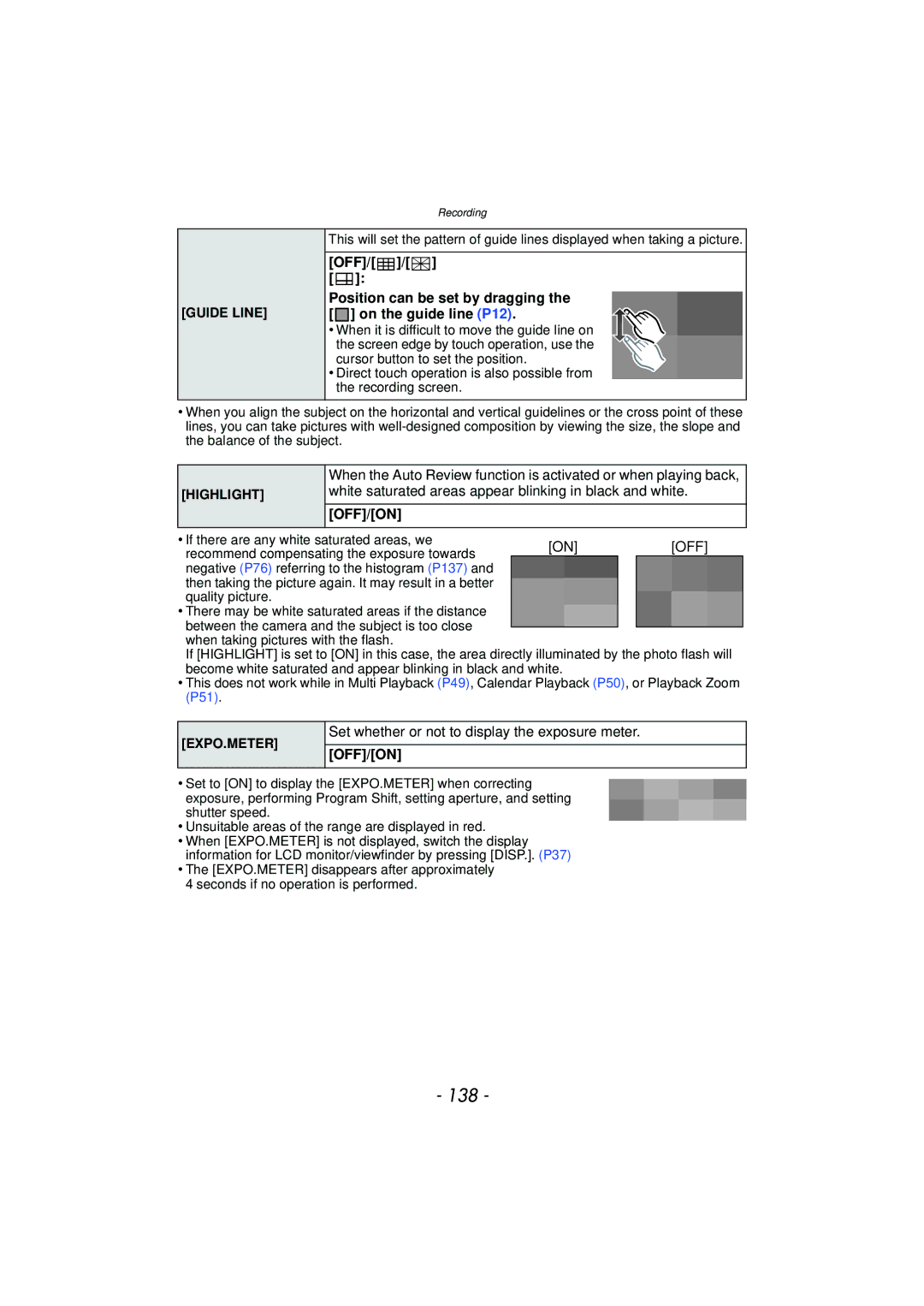 Panasonic DMC-G3 owner manual 138, Set whether or not to display the exposure meter, Guide Line, Highlight, Expo.Meter 