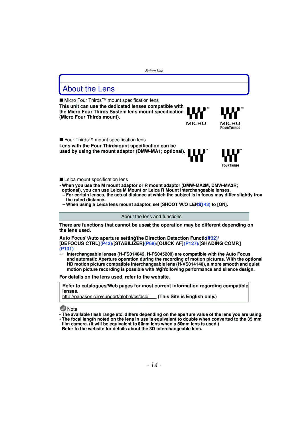 Panasonic DMC-G3 owner manual About the Lens, Micro Four Thirds mount specification lens, Leica mount specification lens 