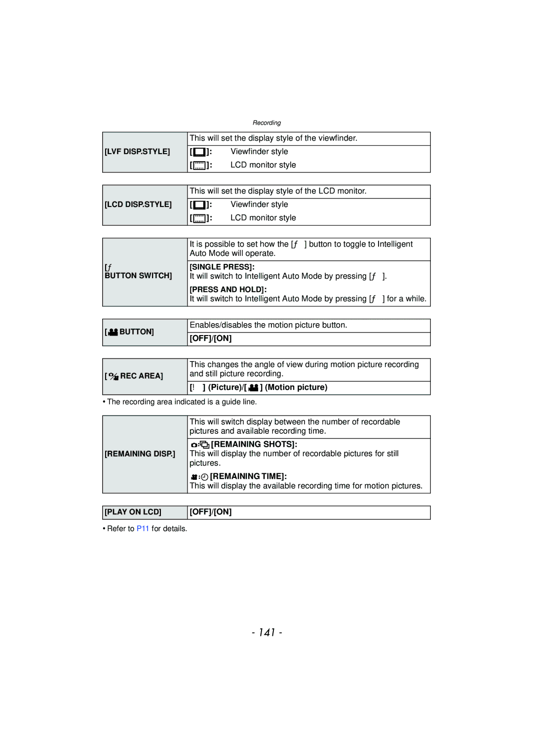 Panasonic DMC-G3 owner manual 141, Picture/ Motion picture, Remaining Shots, Remaining Time 