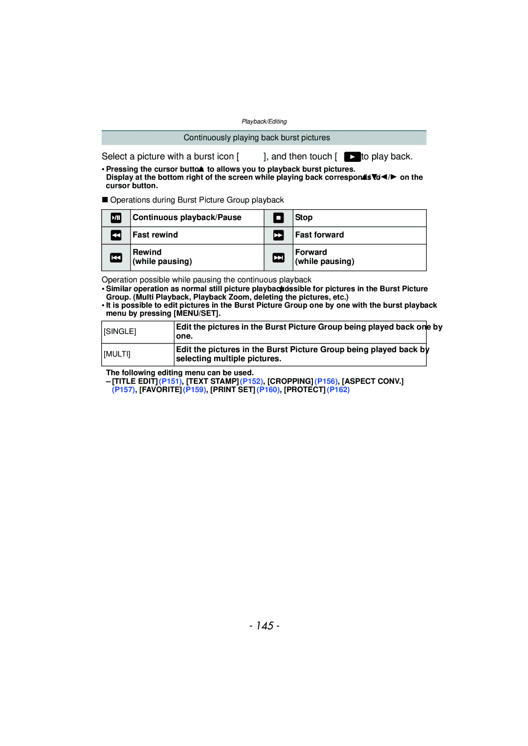 Panasonic DMC-G3 owner manual 145, Continuously playing back burst pictures, Operations during Burst Picture Group playback 