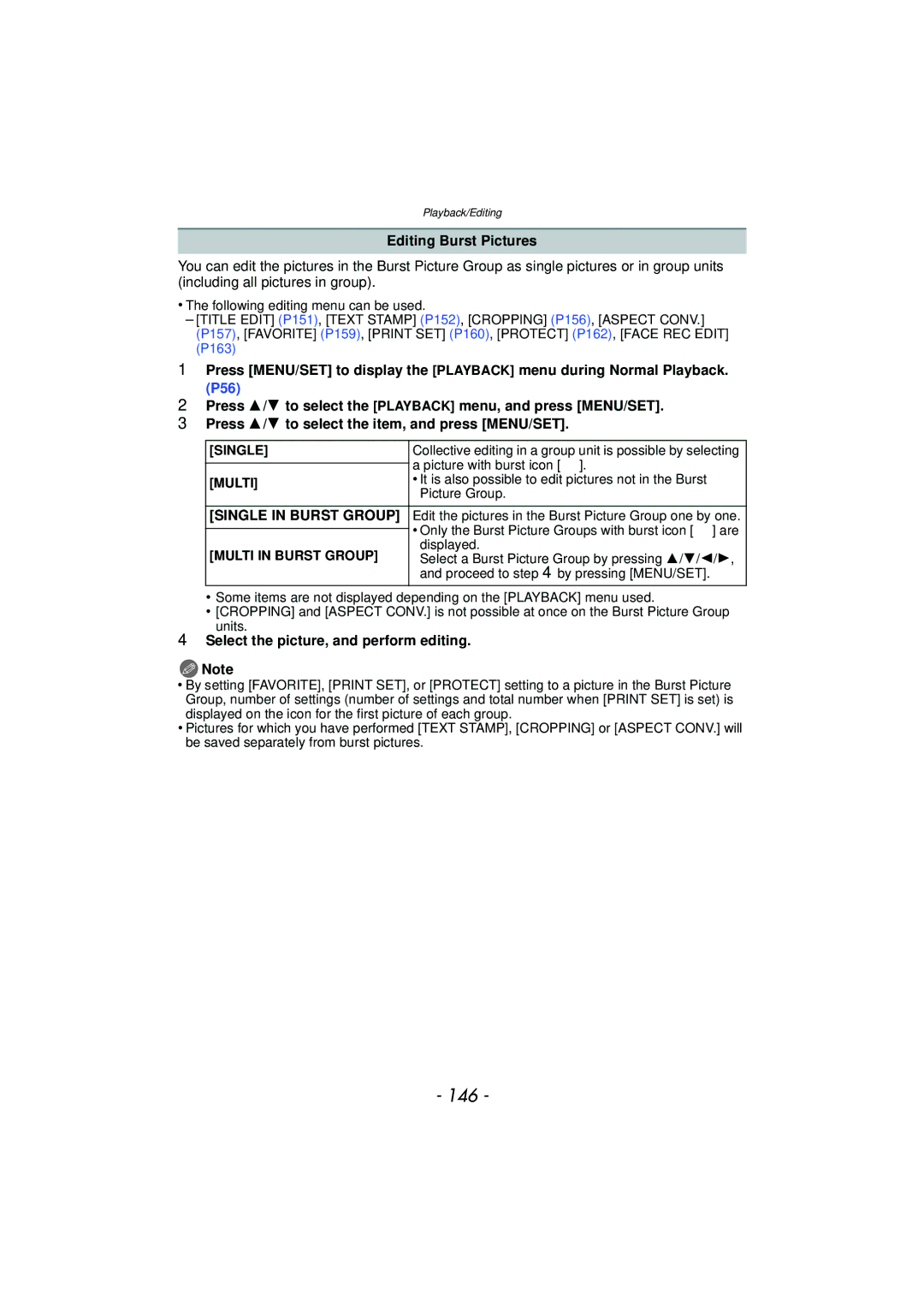 Panasonic DMC-G3 owner manual 146, Editing Burst Pictures, Single in Burst Group, Select the picture, and perform editing 