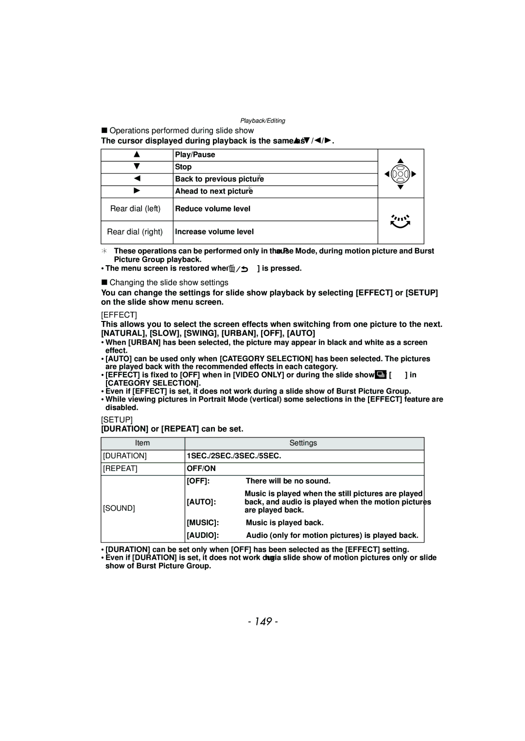 Panasonic DMC-G3 owner manual 149, Operations performed during slide show, Changing the slide show settings, Effect 