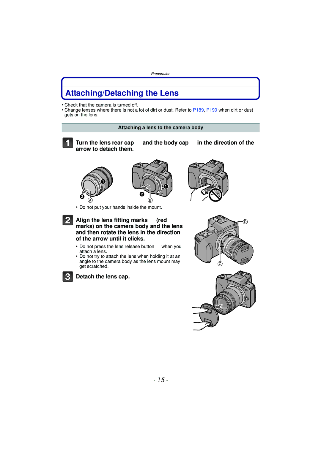 Panasonic DMC-G3 owner manual Attaching/Detaching the Lens, Detach the lens cap, Attaching a lens to the camera body 